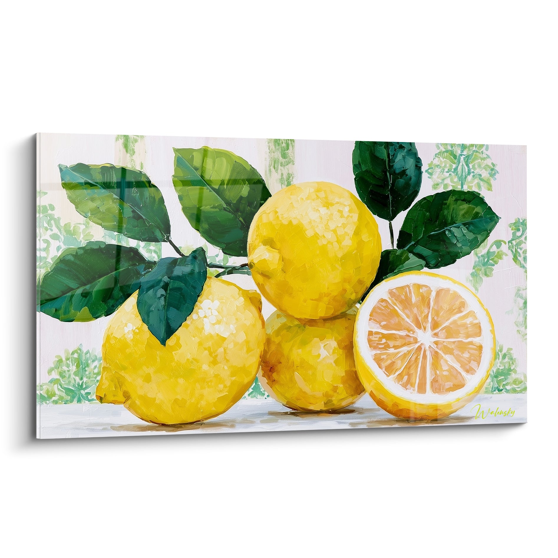 Citrons jaunes et feuilles vert sombre peints à l'huile, une moitié orangée tranchée au premier plan