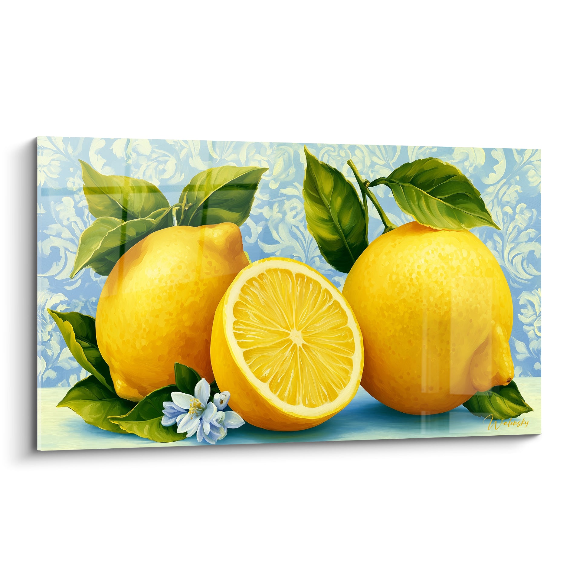 Trois citrons jaunes et une tranche juteuse sur fond bleu pastel à motifs ornementaux