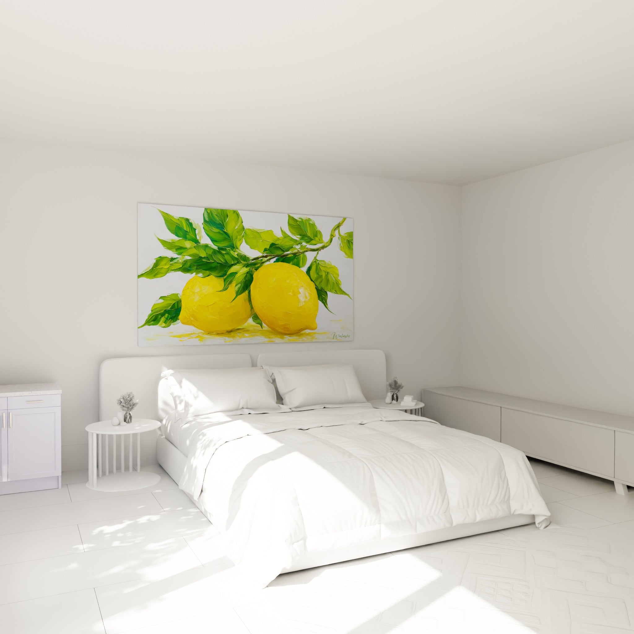 Citrons jaunes et feuilles vertes accrochés au-dessus d'un lit dans une chambre claire et lumineuse
