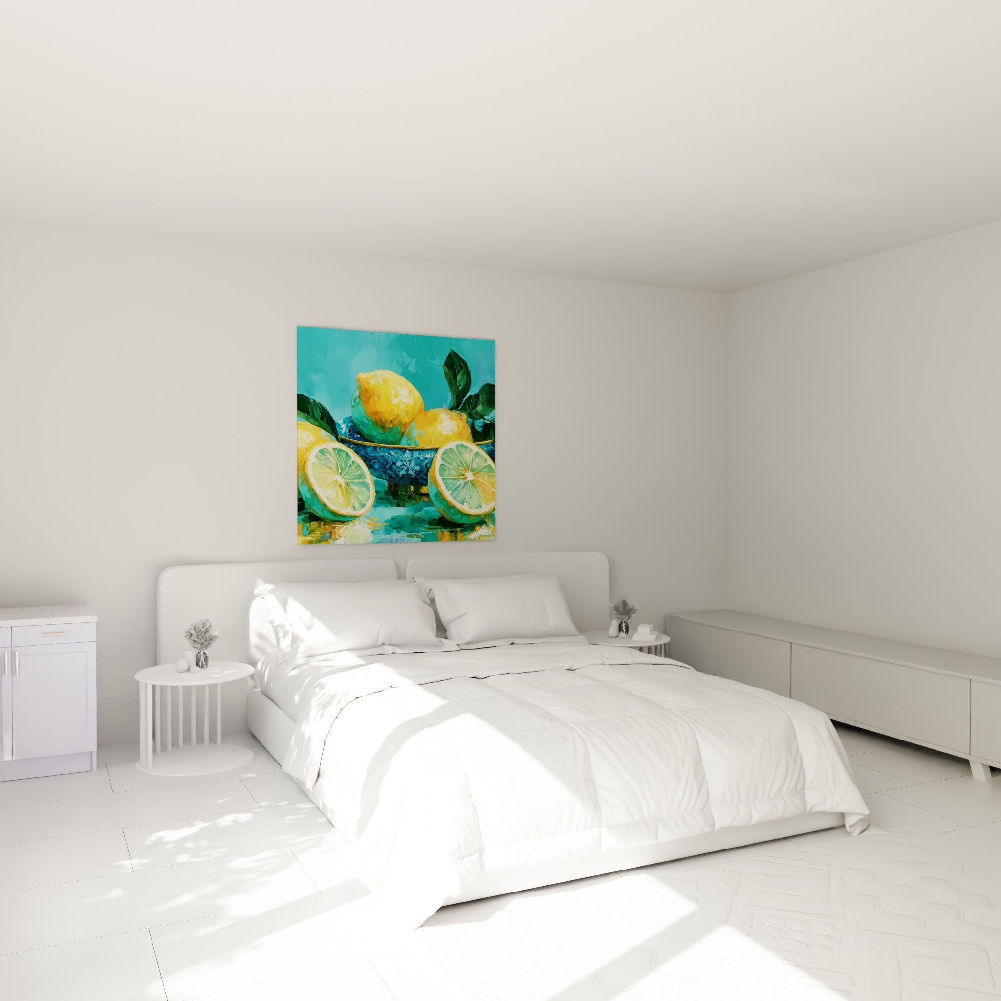 Nature morte de citrons jaunes et turquoise accrochée au-dessus d'un lit dans une chambre claire