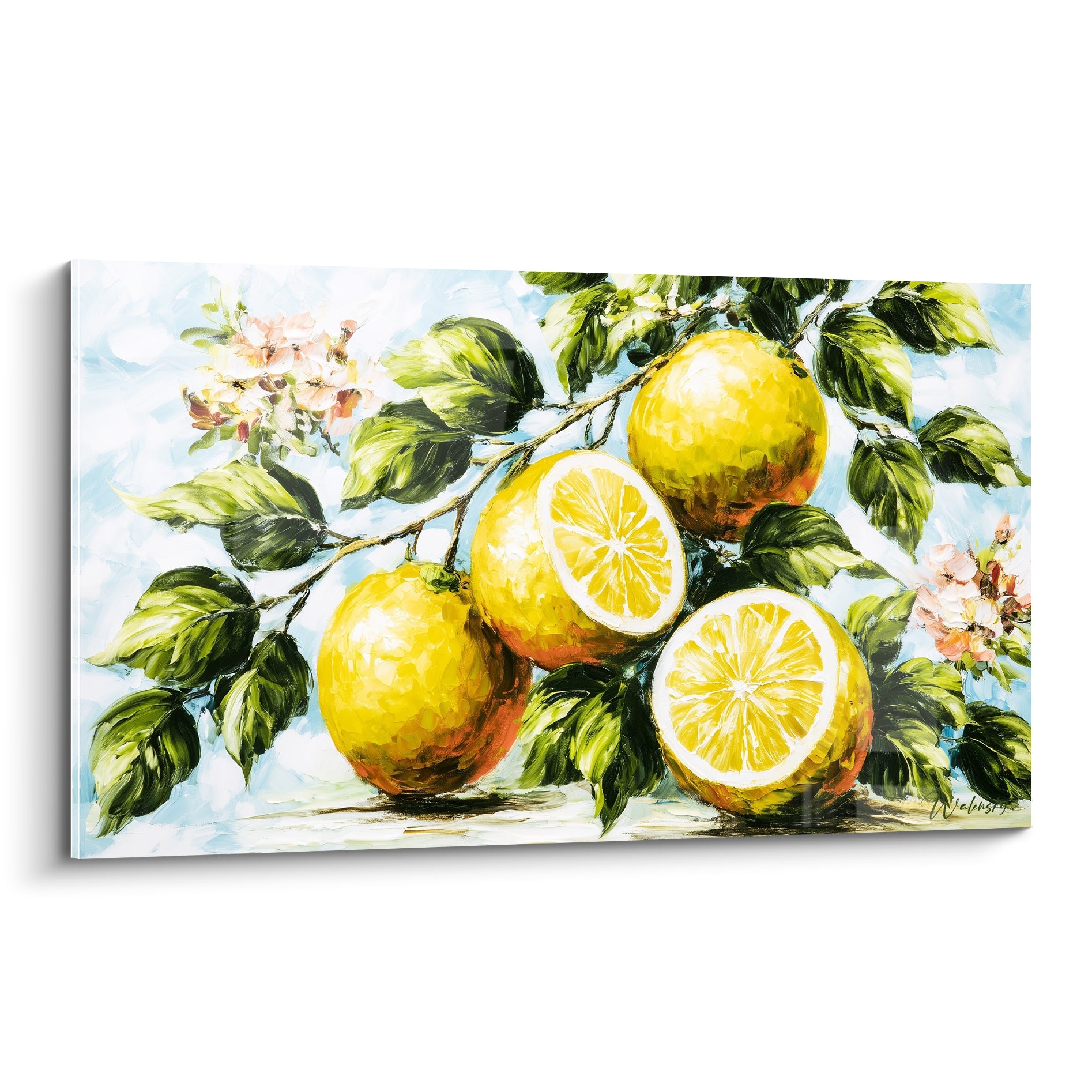 Citron jaune éclatant et vert sauge peints en pleine branche fleurie sur fond bleu pastel