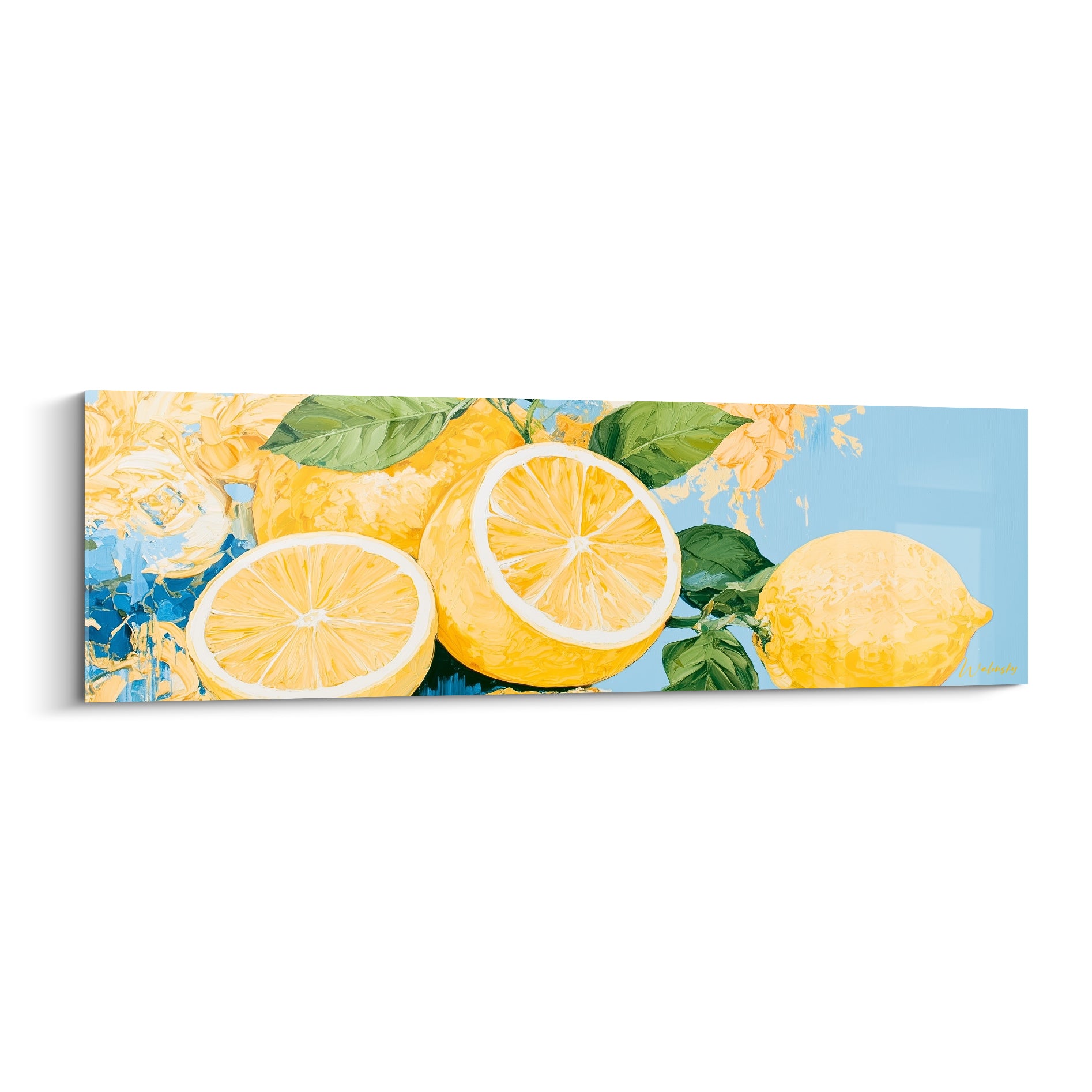 Citrons jaunes coupés et entiers sur fond bleu pastel, feuilles vertes, peinture texturée au couteau