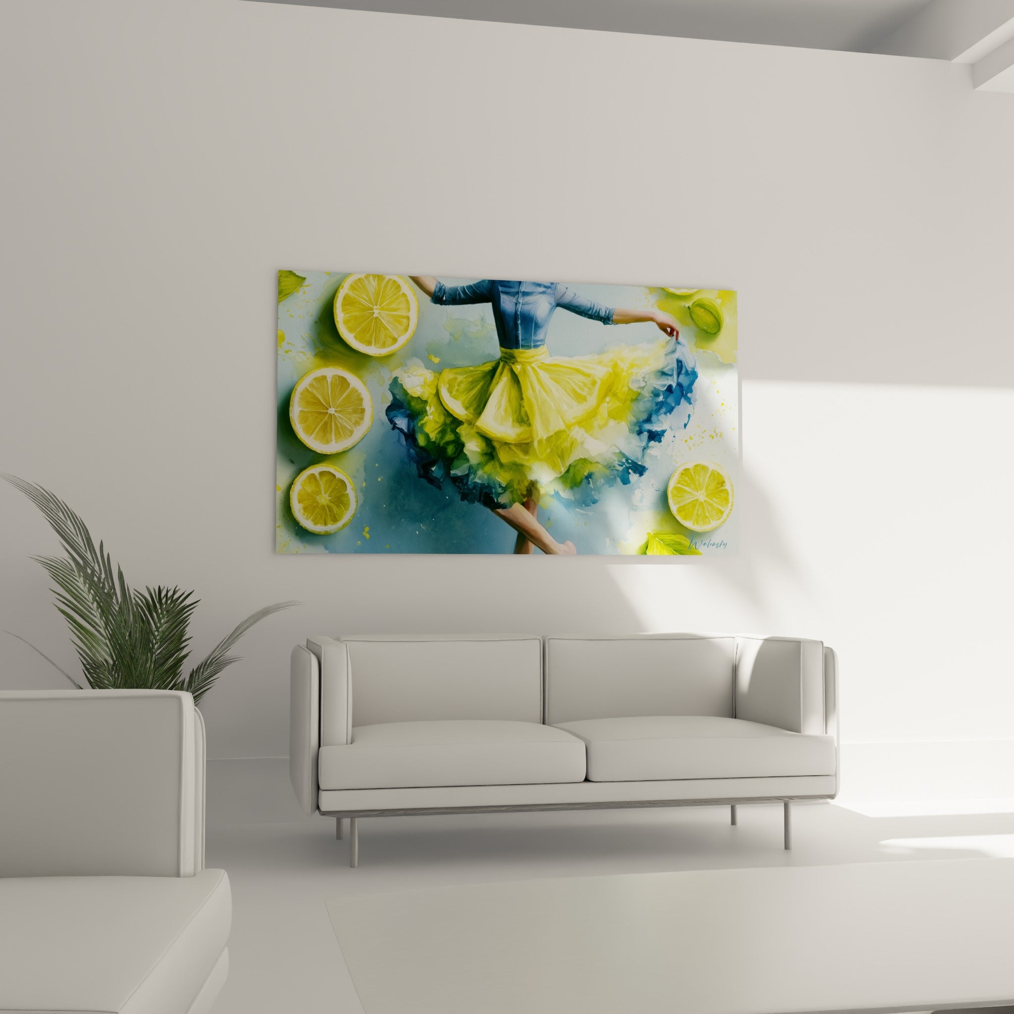 Jupe citron jaune et bleu marine en plein mouvement de danse, au-dessus d'un canapé dans un salon lumineux