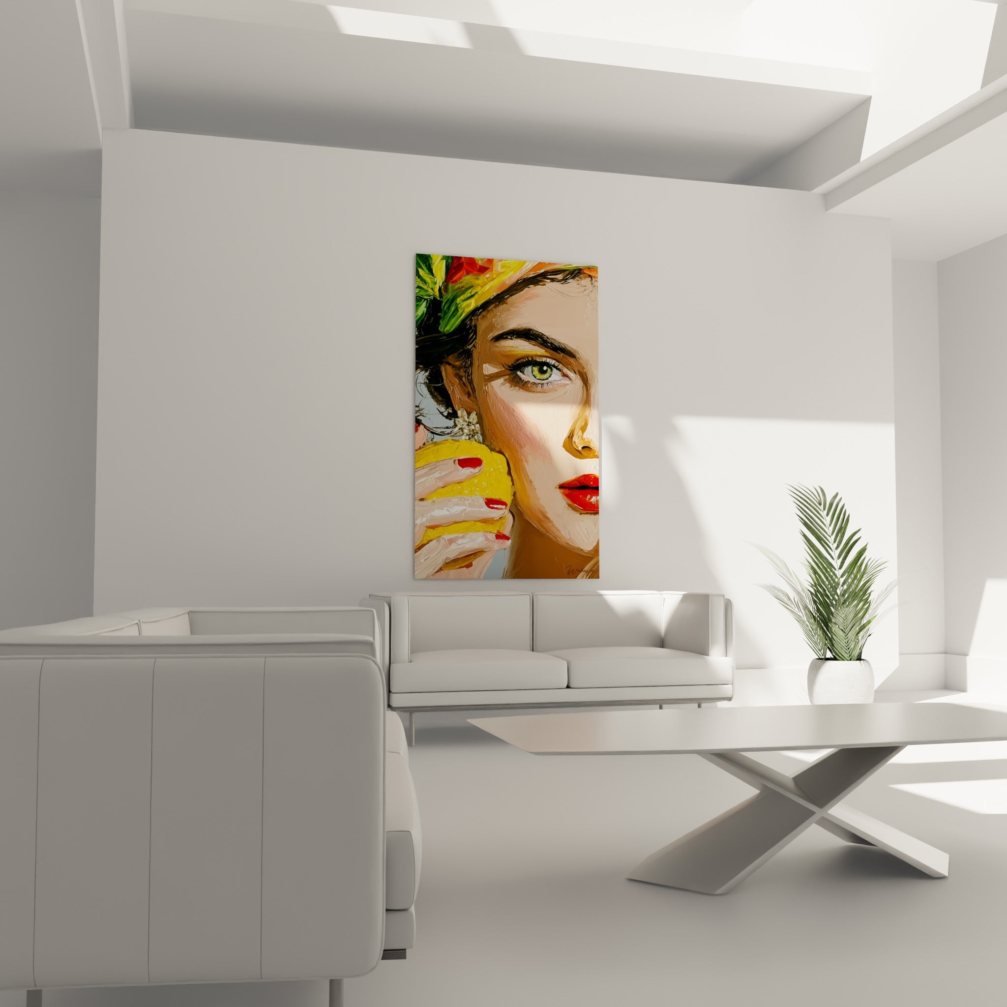 Portrait expressif d'une femme tenant un citron doré, ongles rouges, au-dessus d'un canapé dans un salon lumineux
