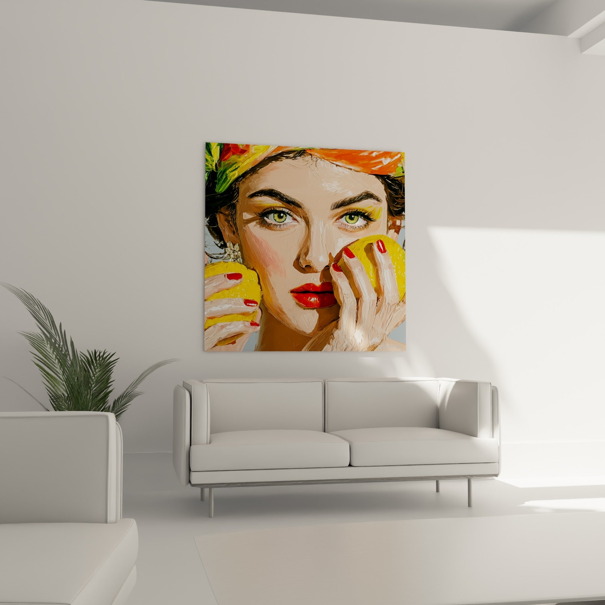 Visage vert intense et mains aux ongles rouges tenant des citrons au-dessus d'un canapé dans un salon lumineux