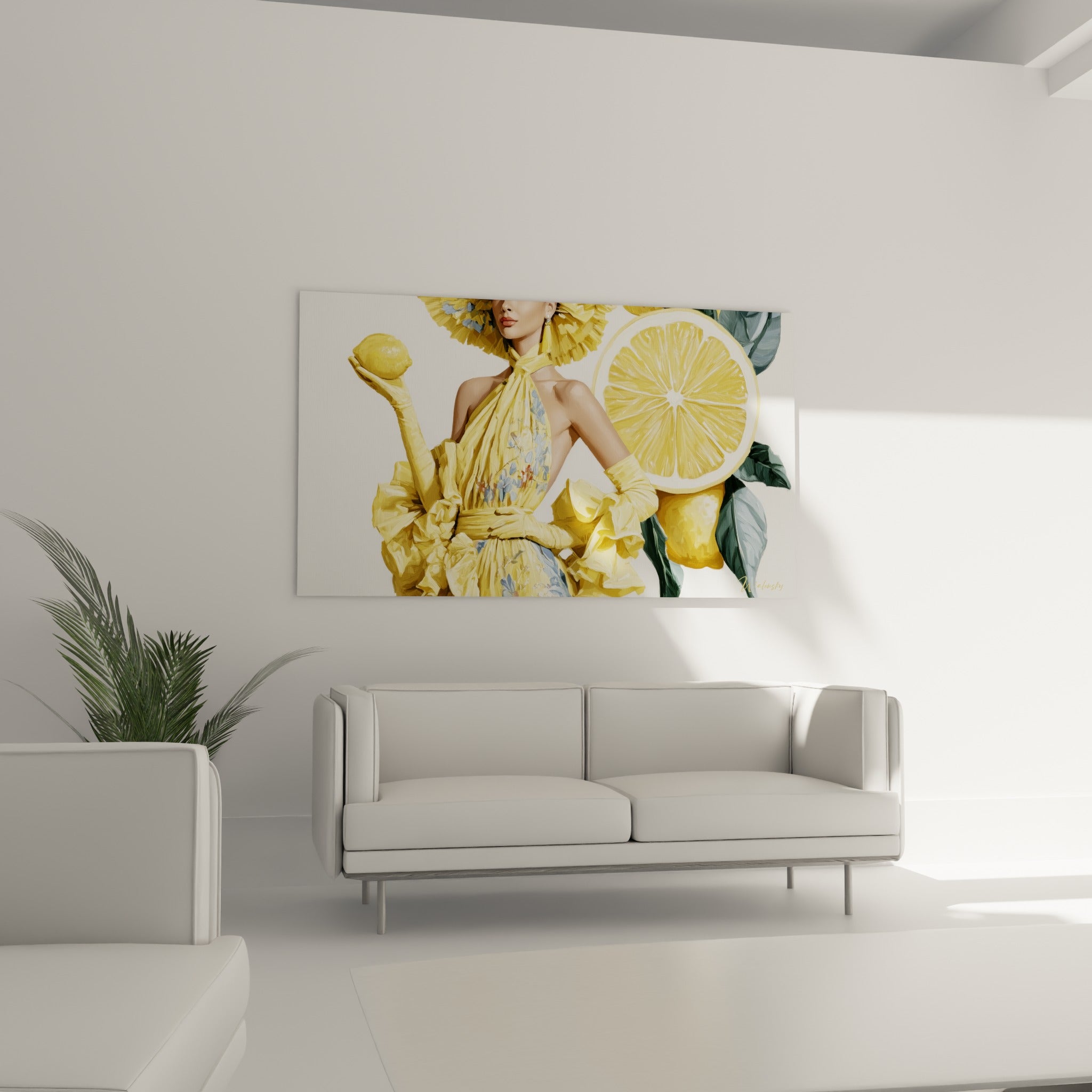 Élégante figure en robe jaune et citron géant en arrière-plan, au-dessus d'un canapé dans un salon lumineux