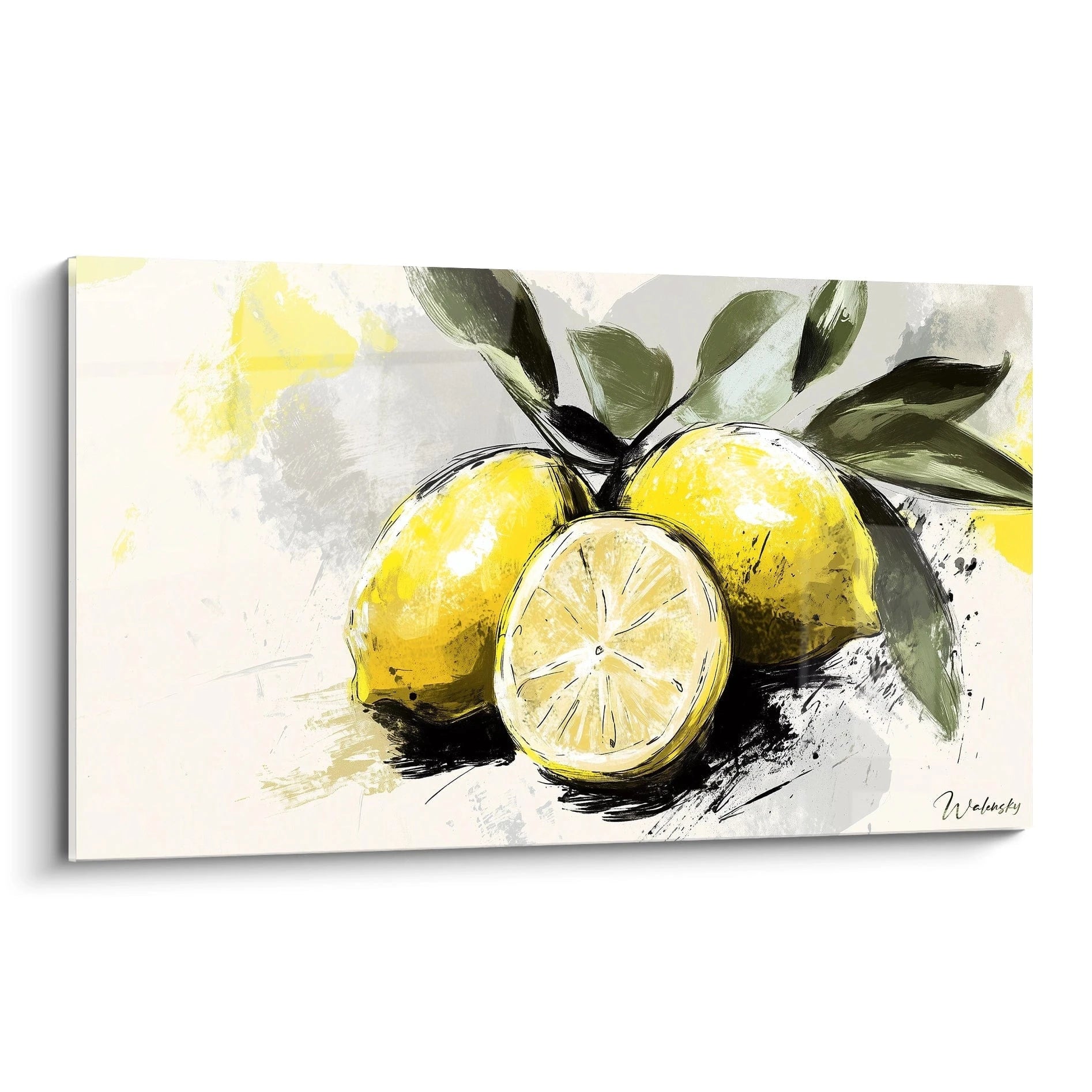 Un tableau citron représentant trois citrons jaunes, dont un coupé en deux, entourés de feuilles vertes sur un fond beige et gris texturé, avec des traits noirs accentuant les contours.