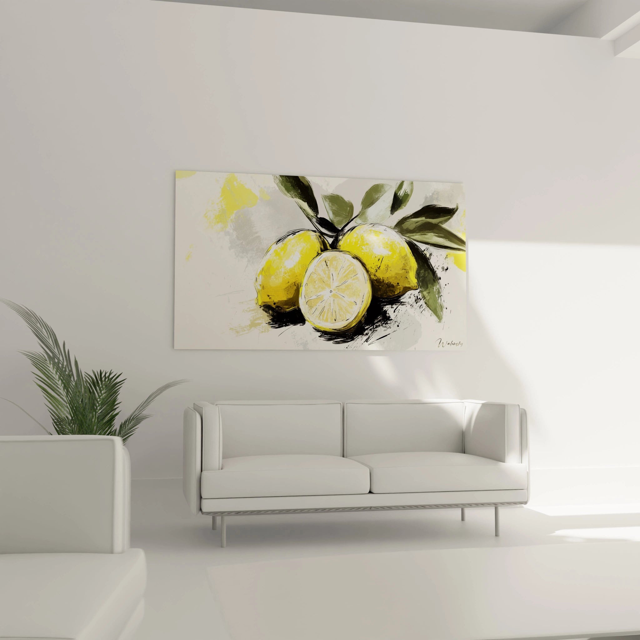 Un tableau citron illustrant des agrumes posés sur une surface claire, avec des feuilles vert foncé et un fond aux nuances grisées, texturé par des effets de griffures et des éclaboussures noires.