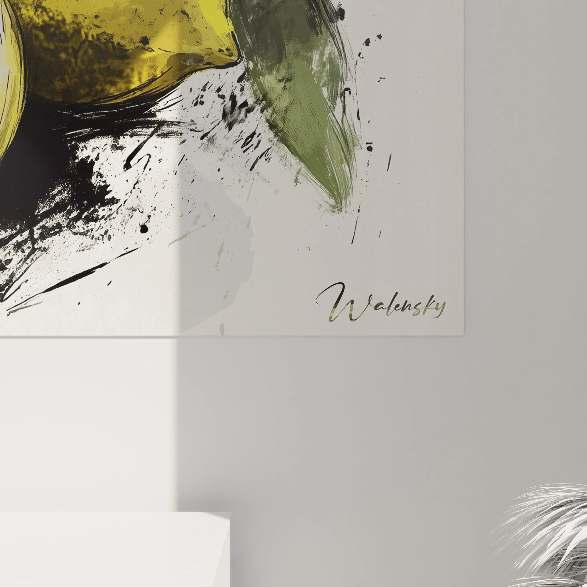 Un tableau citron représentant trois citrons avec un effet pictural esquissé, aux contours noirs marqués, contrastant avec des touches de jaune lumineux, du vert profond et un fond beige et gris nuancé.