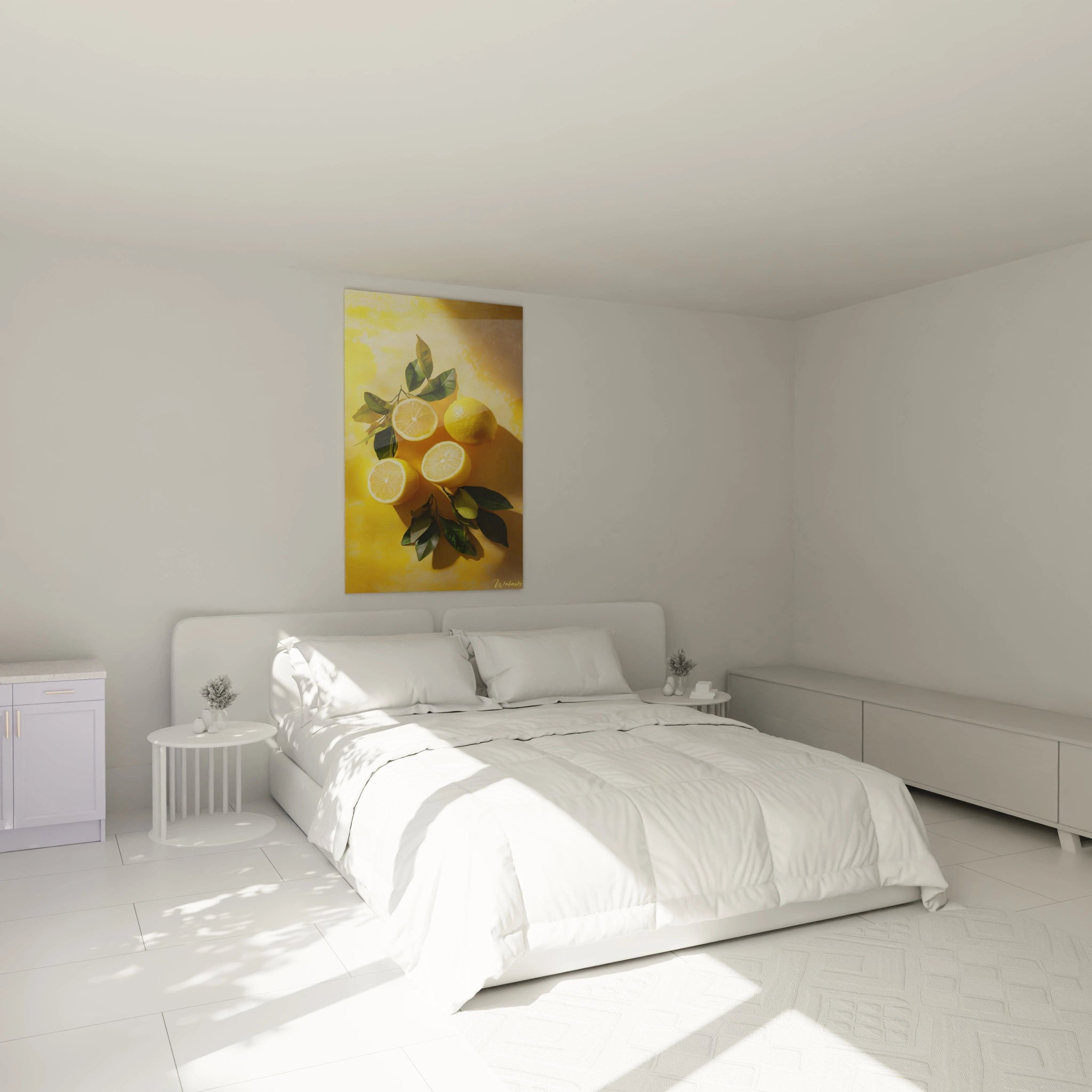 Un tableau citron mettant en scÚne des citrons détaillés sur une surface jaune texturée. Les jeux de lumiÚre accentuent les reliefs naturels, contrastant avec le vert foncé des feuilles réalistes.