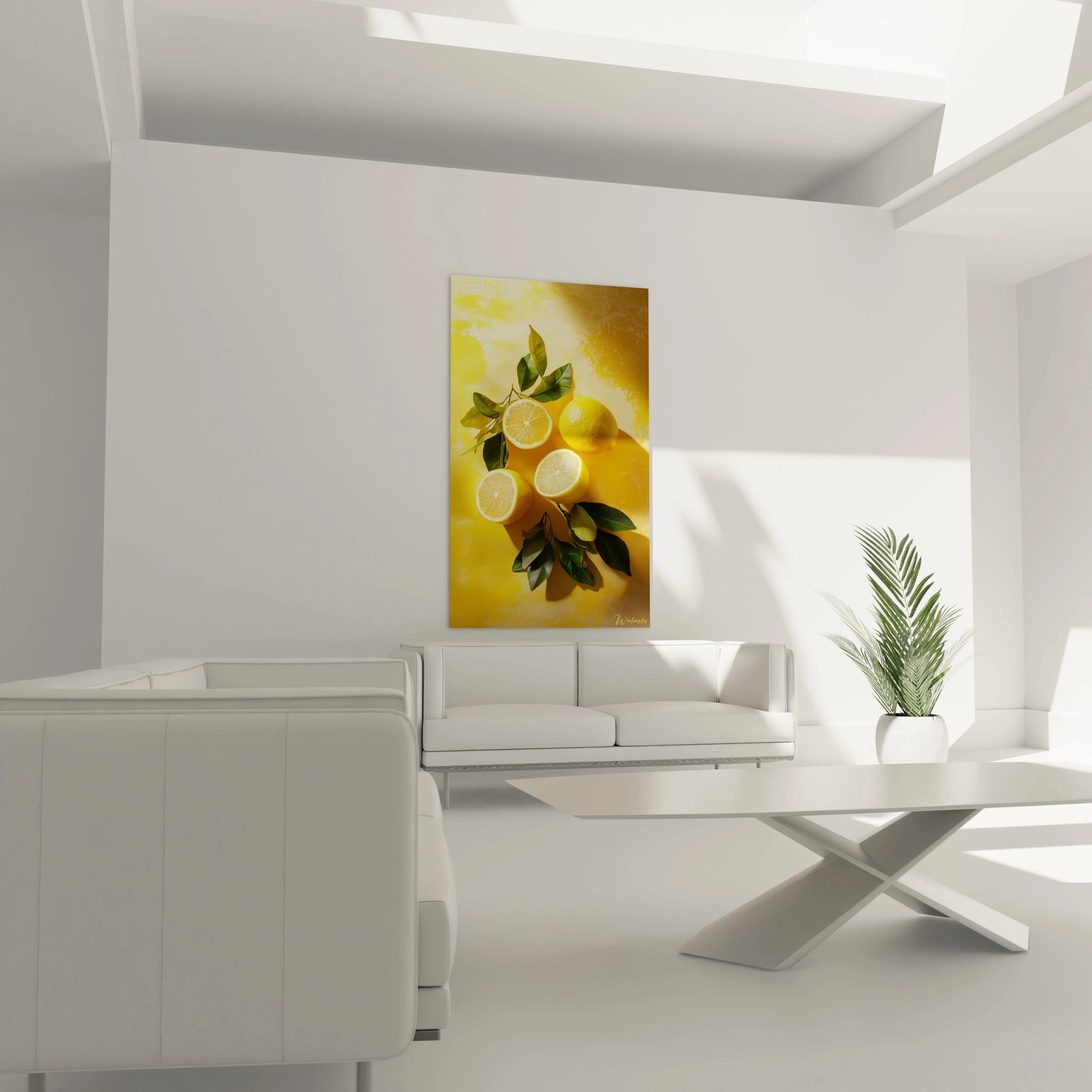 Un tableau citron illustrant des citrons posés sur un fond peint jaune, avec des ombres marquées et des feuilles vertes détaillées. La texture du citron et les reflets sont visiblement accentués.