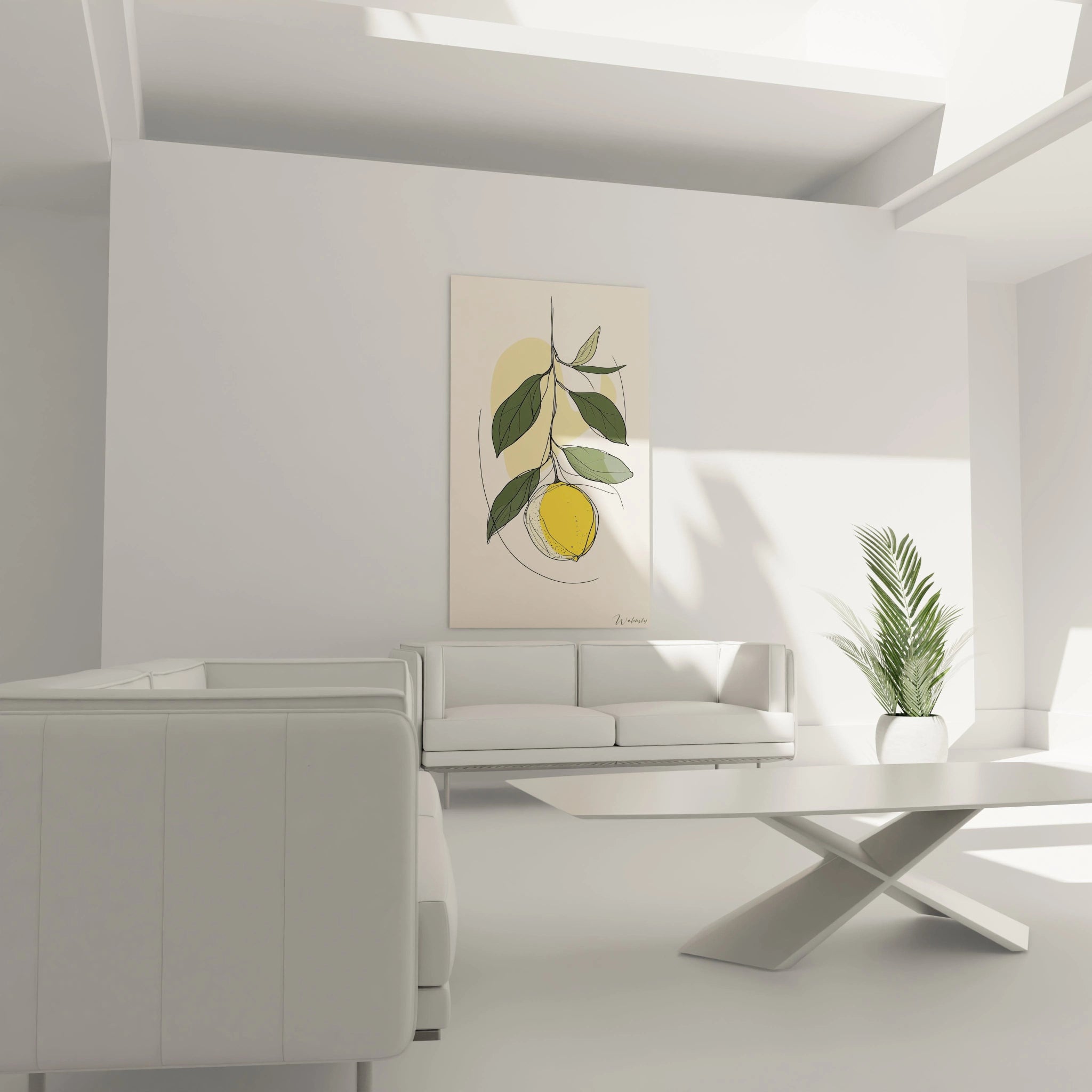 Un tableau citron mettant en scÚne un citron texturé en jaune éclatant, avec un feuillage vert foncé et un arriÚre-plan beige. Les lignes fines et les aplats de couleurs créent un effet stylisé.