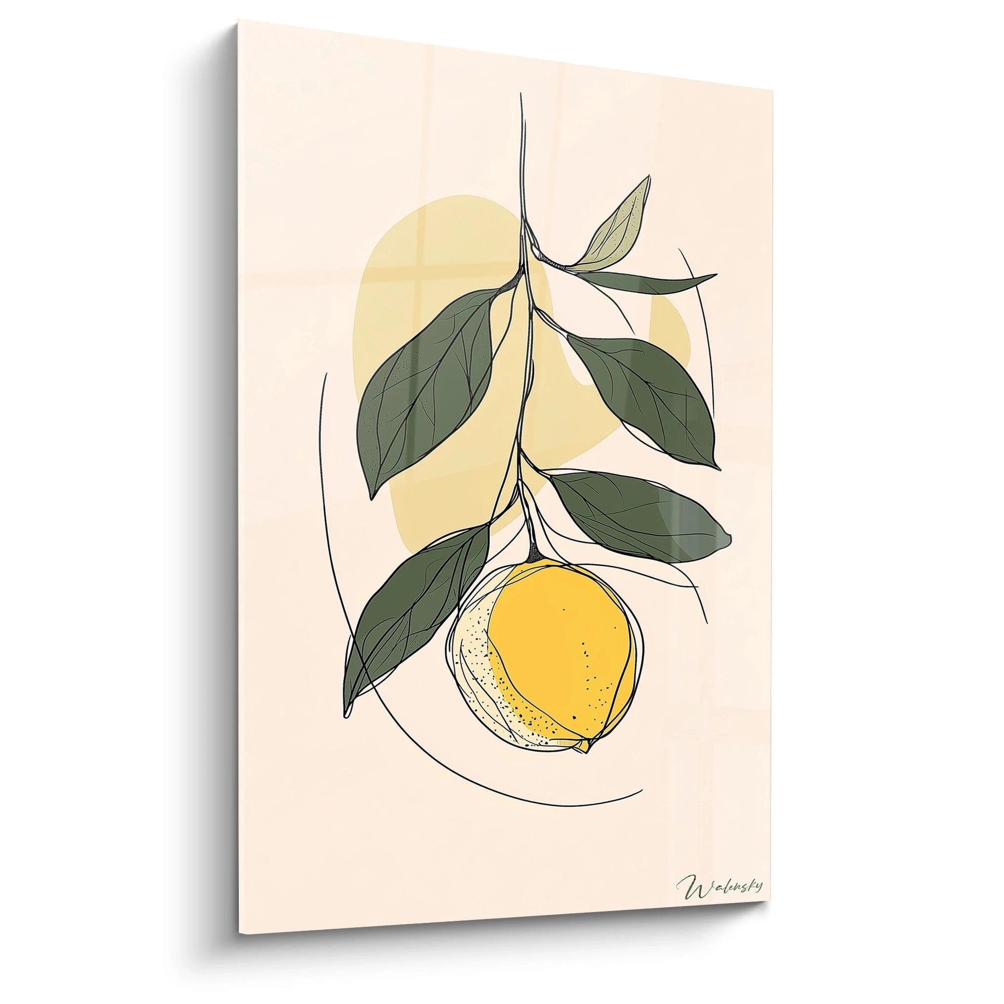 Un tableau citron représentant un citron suspendu à une branche, avec des feuilles vert foncé et un fond beige clair. Les lignes noires esquissent les formes avec précision dans un style minimaliste.