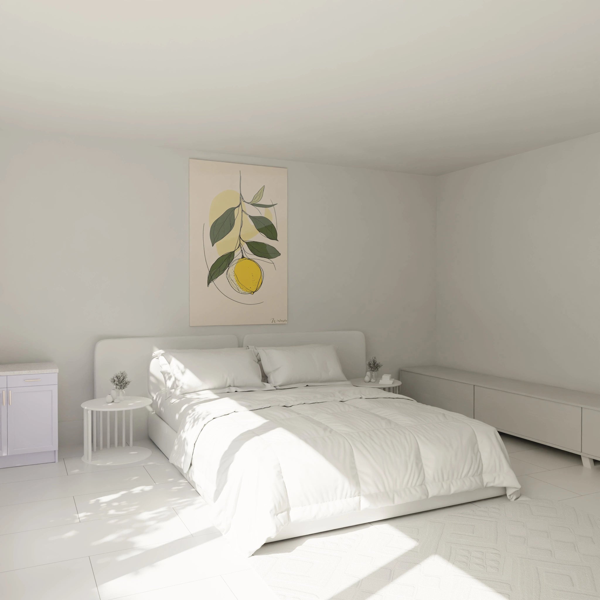 Un tableau citron illustrant un fruit jaune vif attaché à une branche, entouré de feuilles vertes sur un fond beige. Les contours noirs marquent les détails dans une composition graphique épurée.