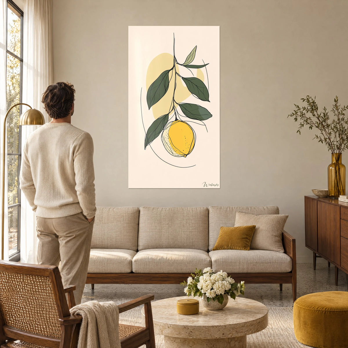 Cuadro limón amarillo sol colgado de su rama con hojas verde abeto, fondo crema, encima de un sofá en un salón luminoso