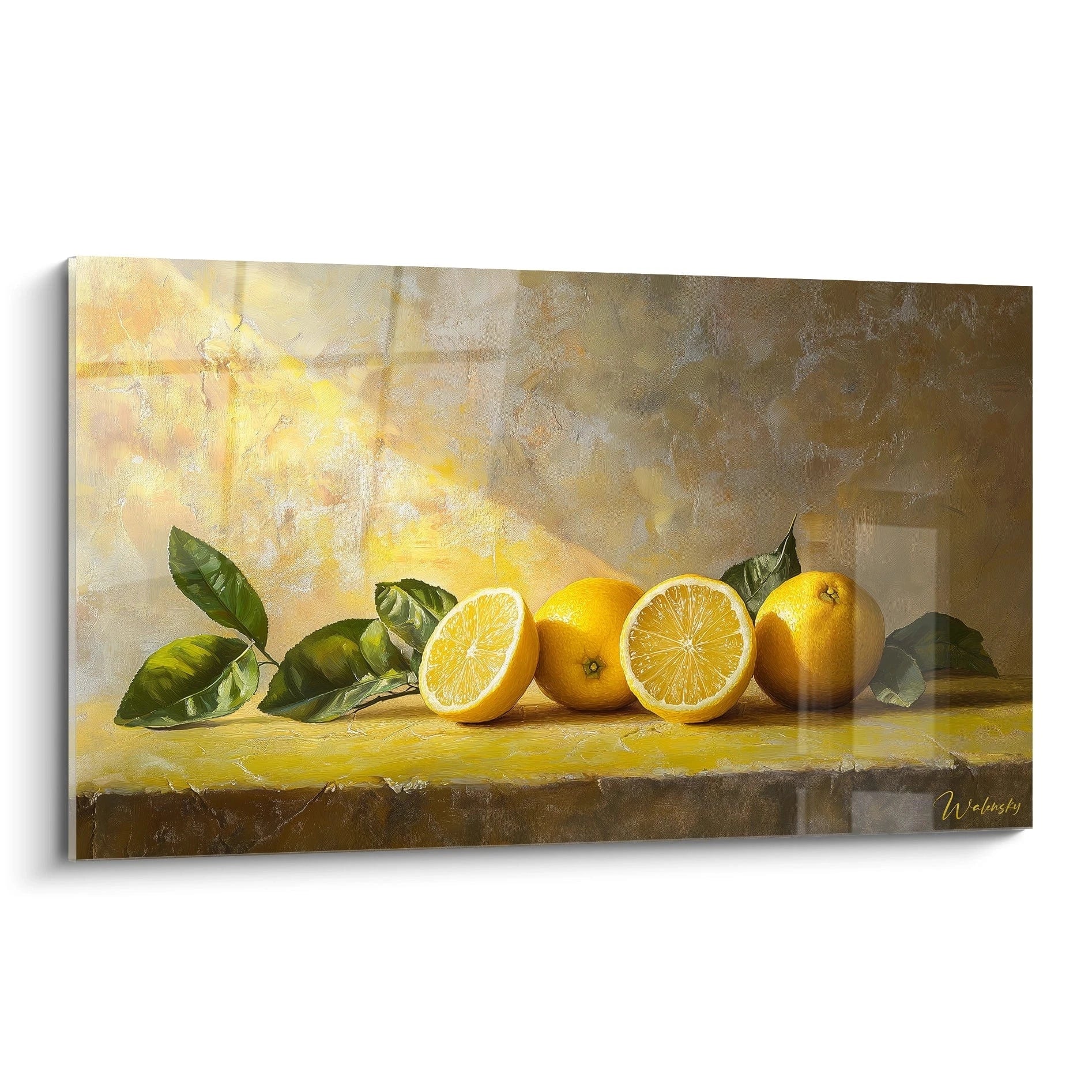 Un tableau citron représentant plusieurs citrons jaunes posés sur une surface texturée, avec des feuilles vertes et un fond beige nuancé. La peinture montre des détails réalistes et des reflets lumineux.