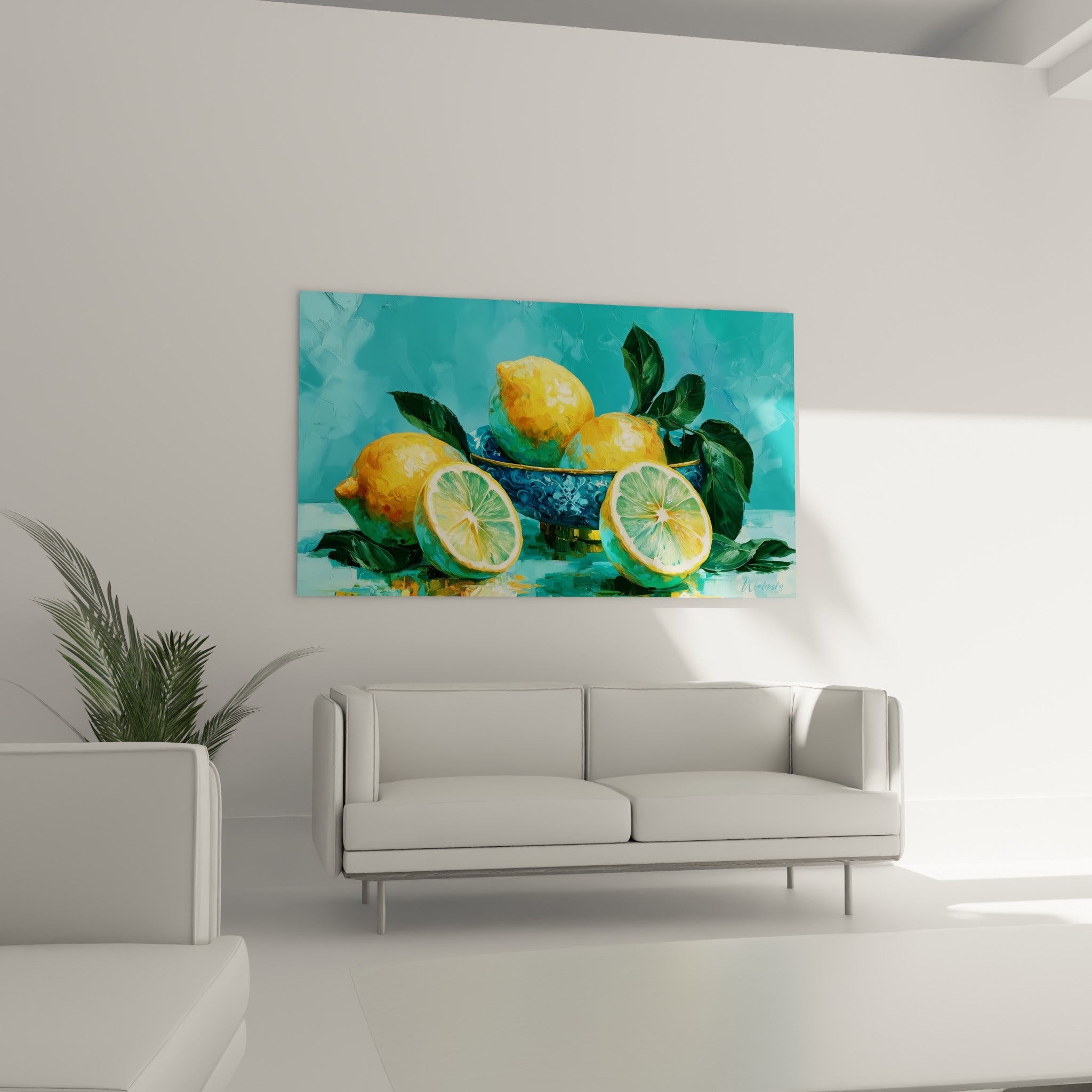 Nature morte de citrons dorés et tranches vert pastel, suspendue au-dessus d'un canapé dans un salon lumineux.