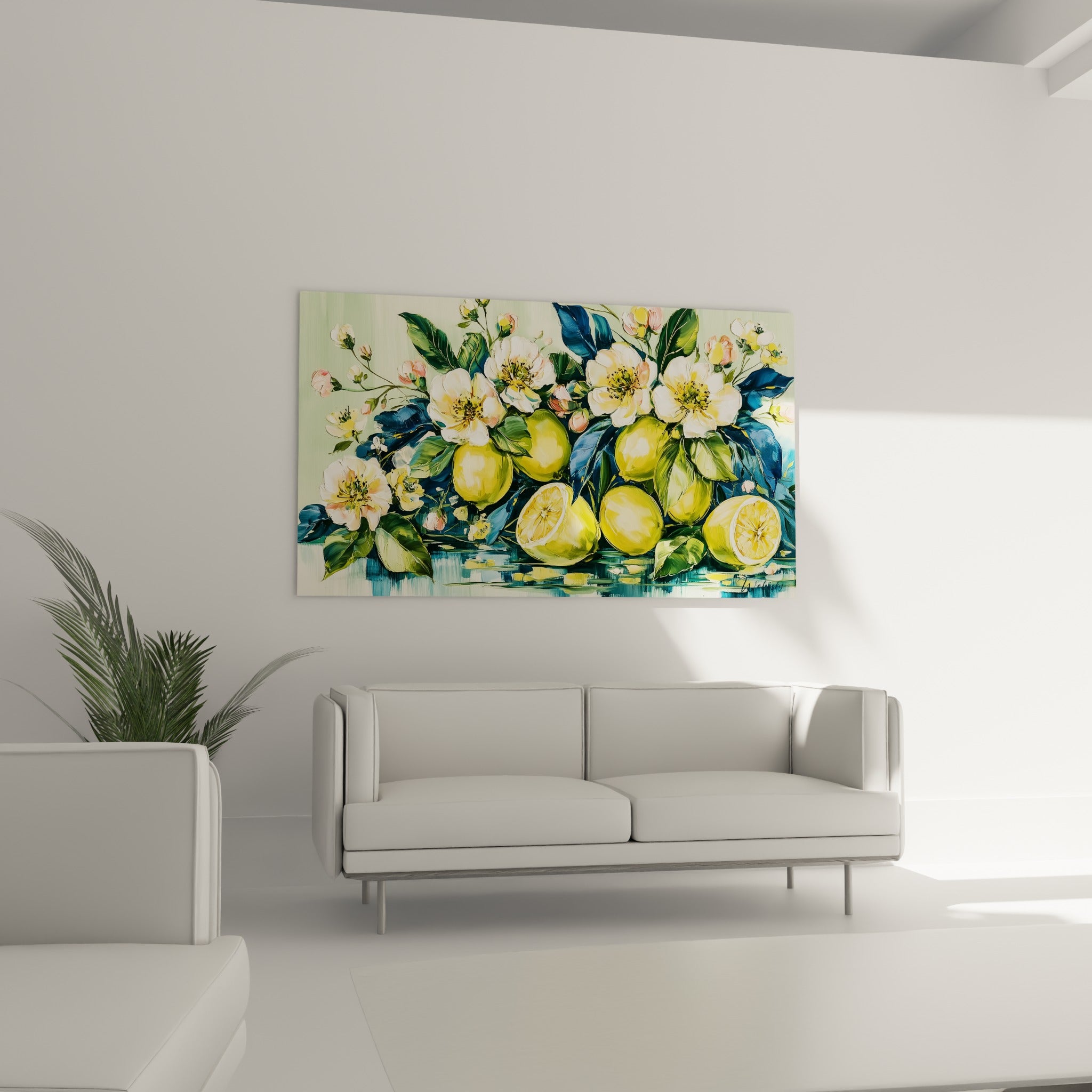 Nature morte de citrons dorés et pétales blancs accrochée au-dessus d'un canapé dans un salon lumineux