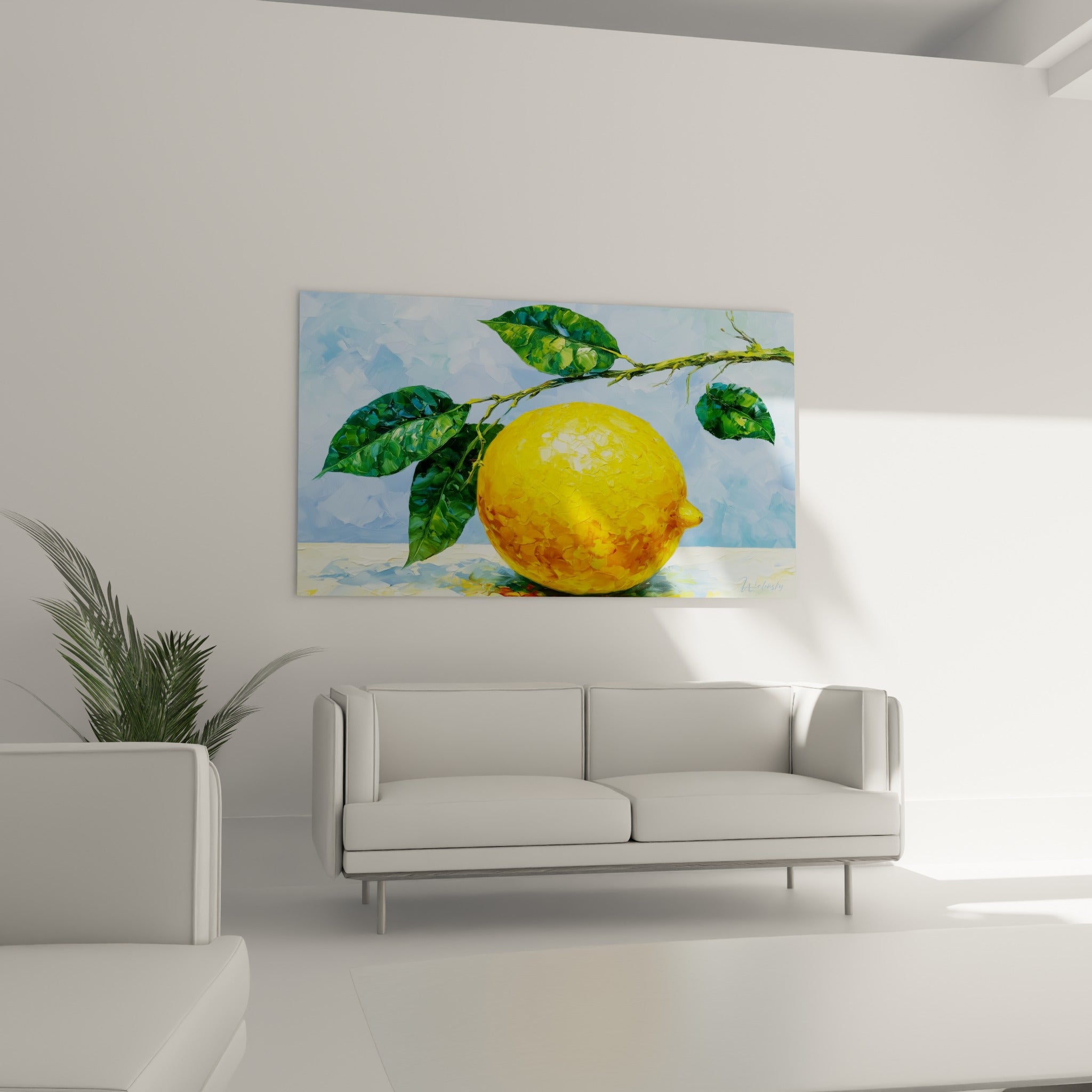 Fruit jaune orangé et feuillage émeraude peints en relief au-dessus d'un canapé dans un salon lumineux