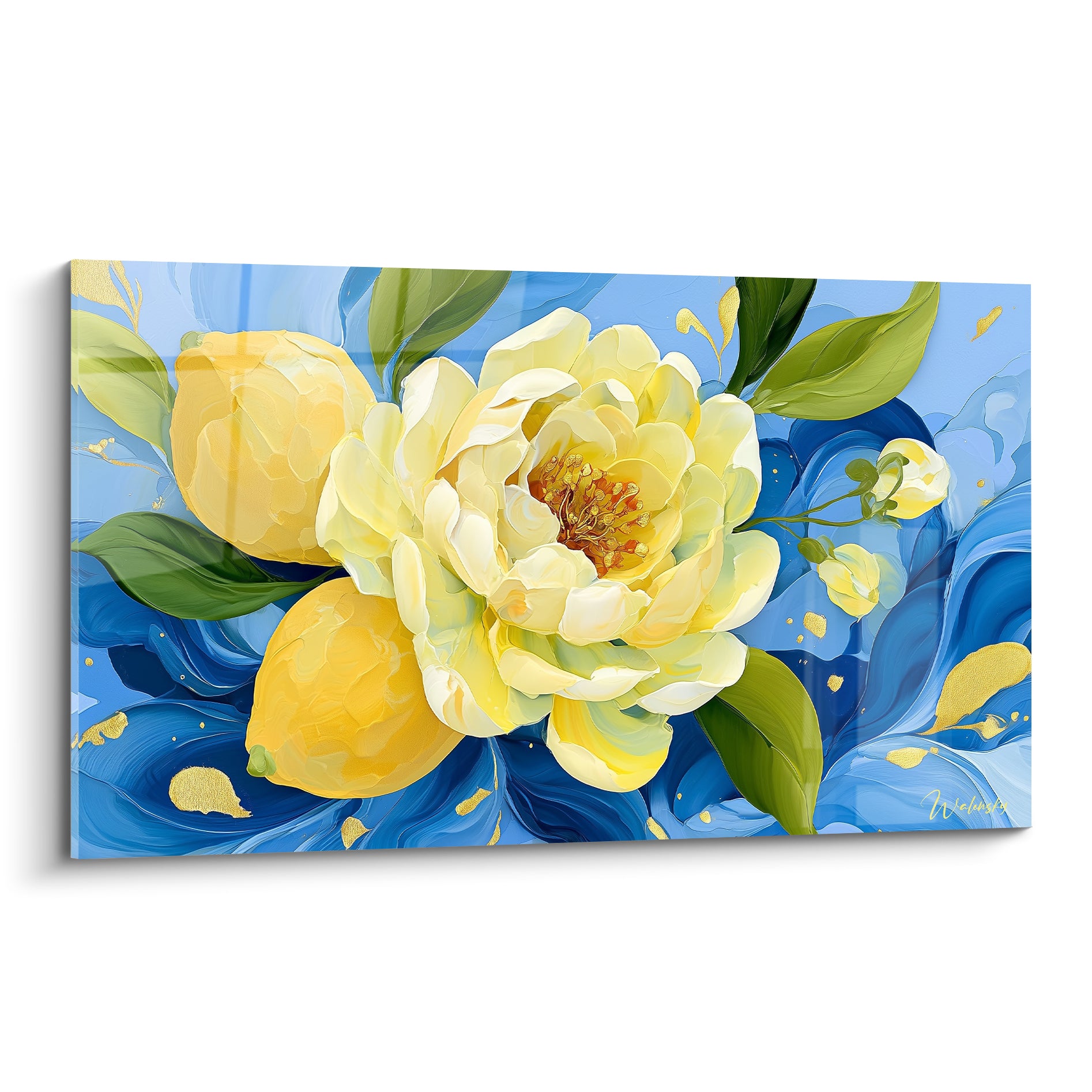 Pivoine jaune pâle et citrons vibrants se détachent sur un fond bleu marine tourbillonnant doré