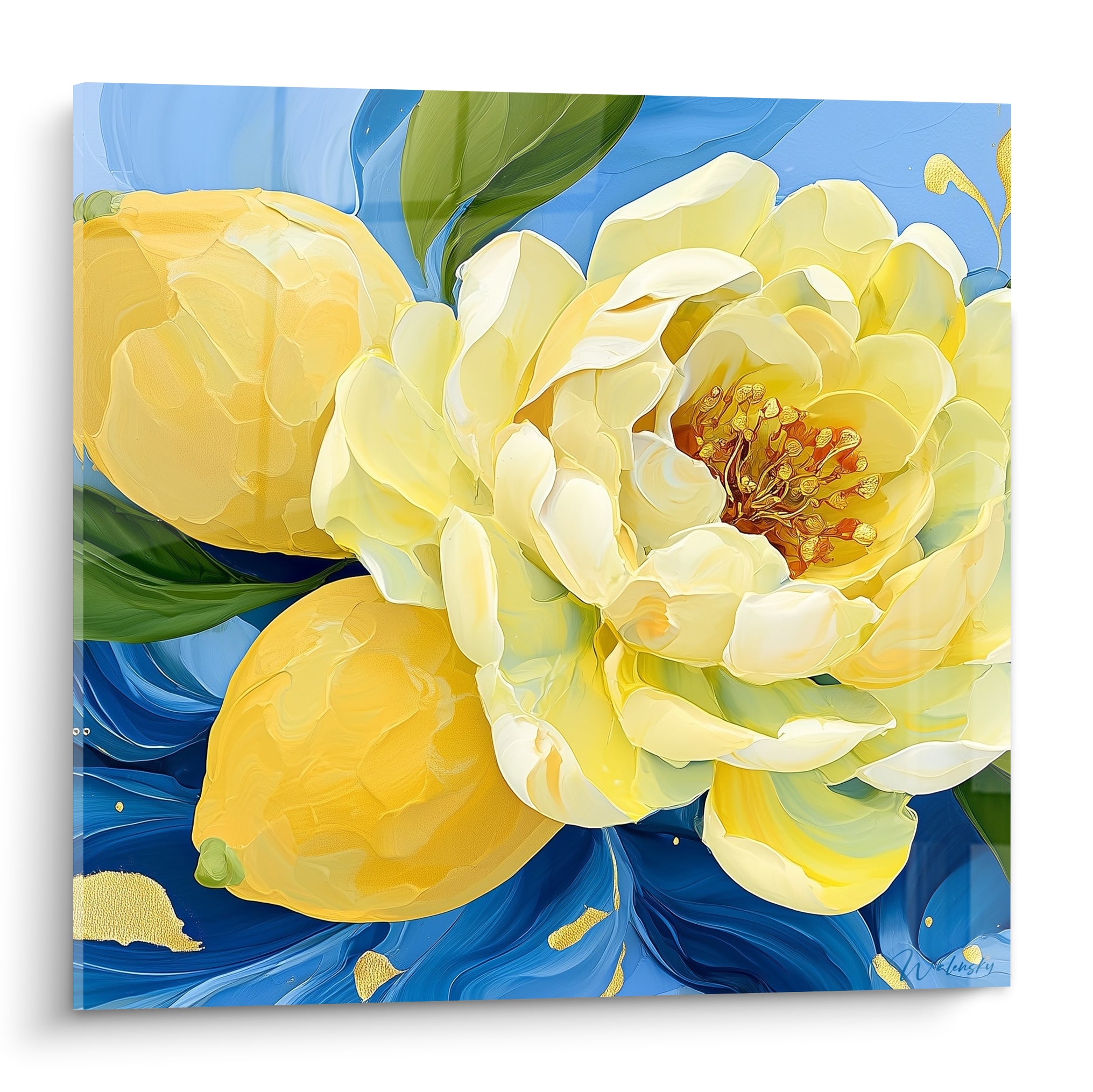 Pivoine jaune pâle et citrons dorés sur fond bleu marine tourbillonnant, texture picturale épaisse