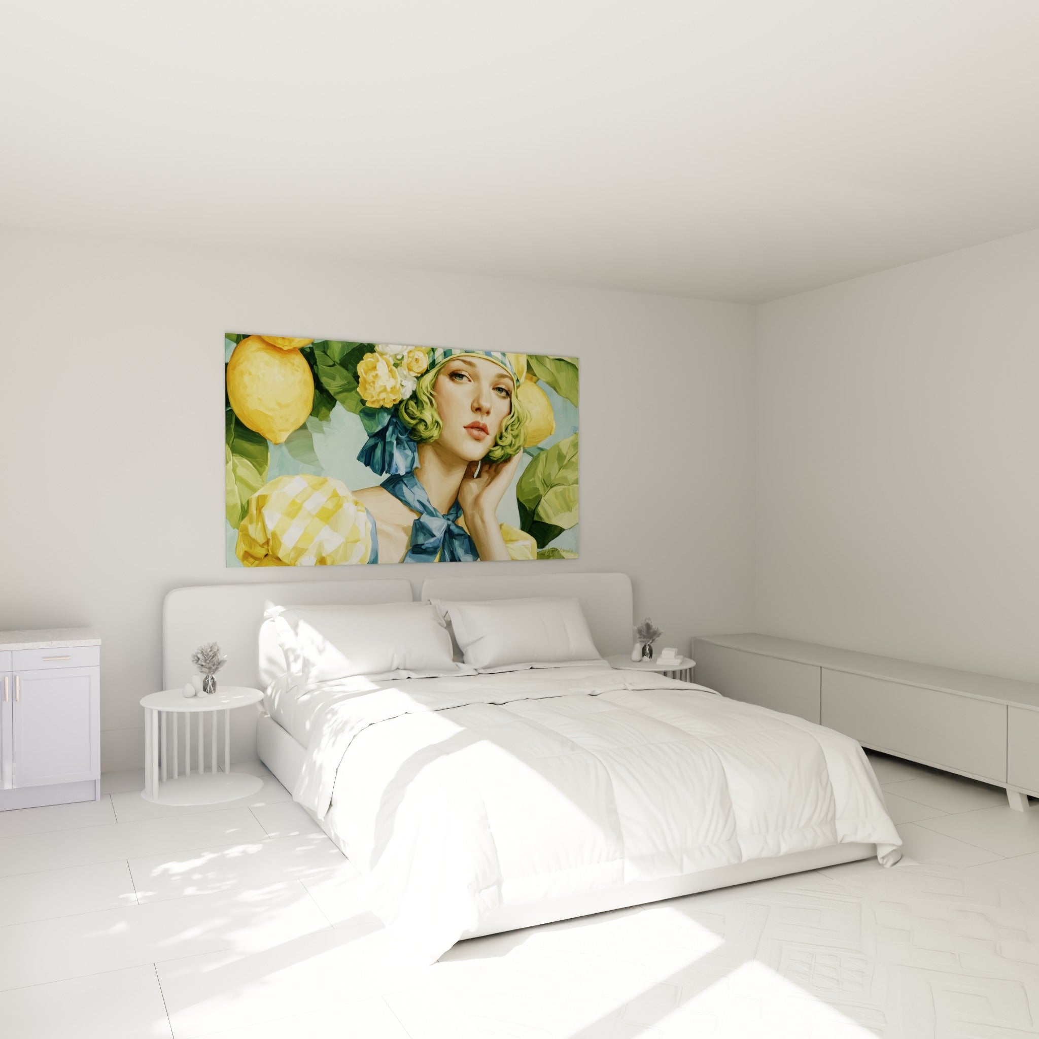 Visage doux aux tons jaune citron et bleu marine, accroché au-dessus d'un lit dans une chambre claire