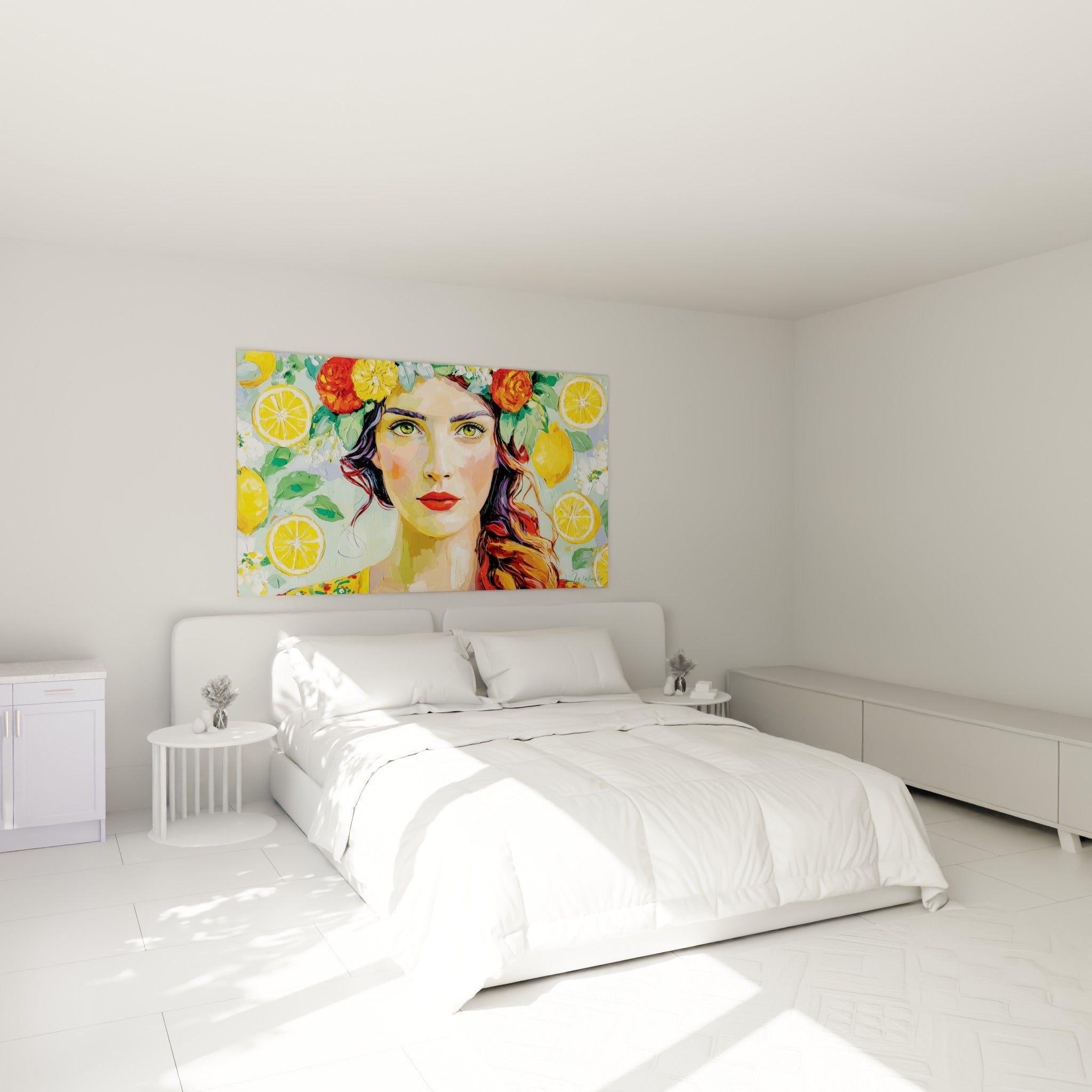 Portrait féminin fleuri jaune et rouge accroché au-dessus d'un lit dans une chambre claire