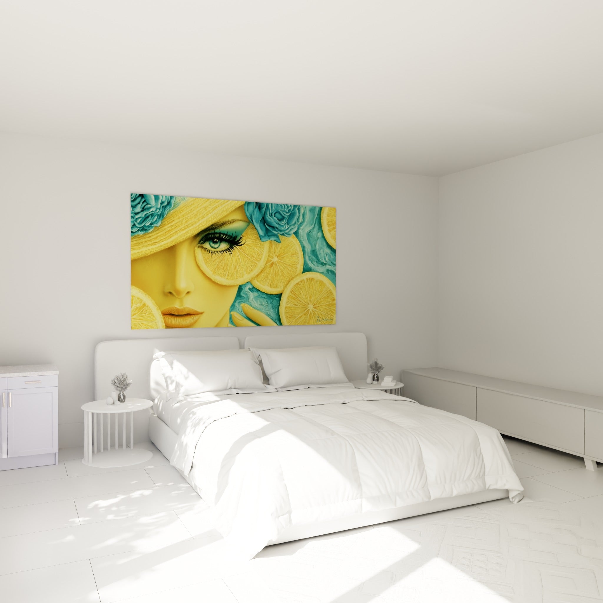 Portrait citron jaune et turquoise accroché au-dessus d'un lit dans une chambre claire