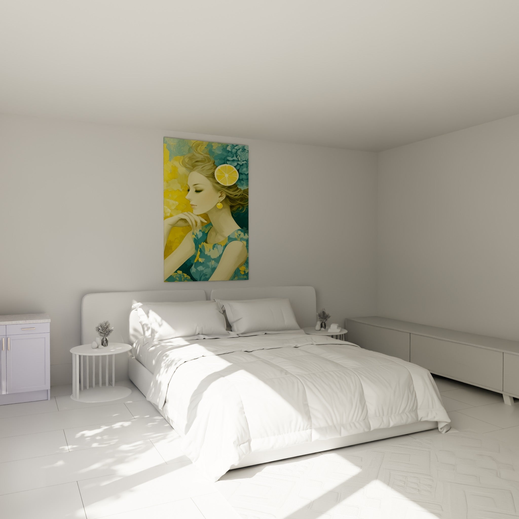 Silhouette féminine jaune doré et bleu pétrole, citron dans la chevelure, au-dessus d'un lit dans une chambre claire