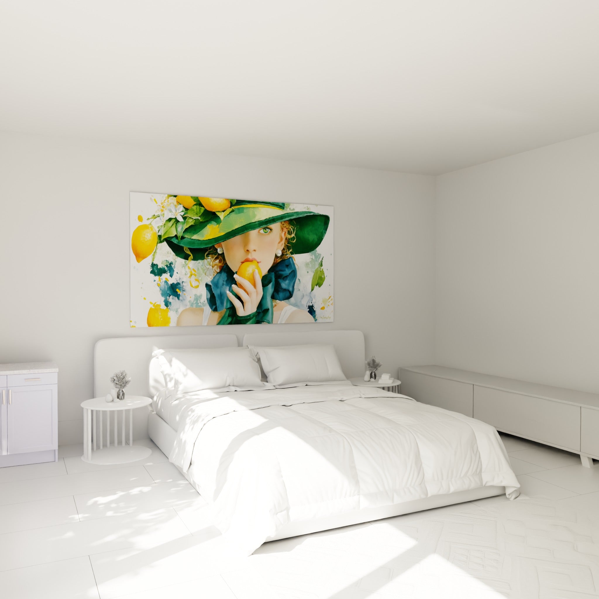 Portrait féminin au chapeau vert et citrons dorés, foulard bleu-vert, accroché au-dessus d'un lit dans une chambre claire