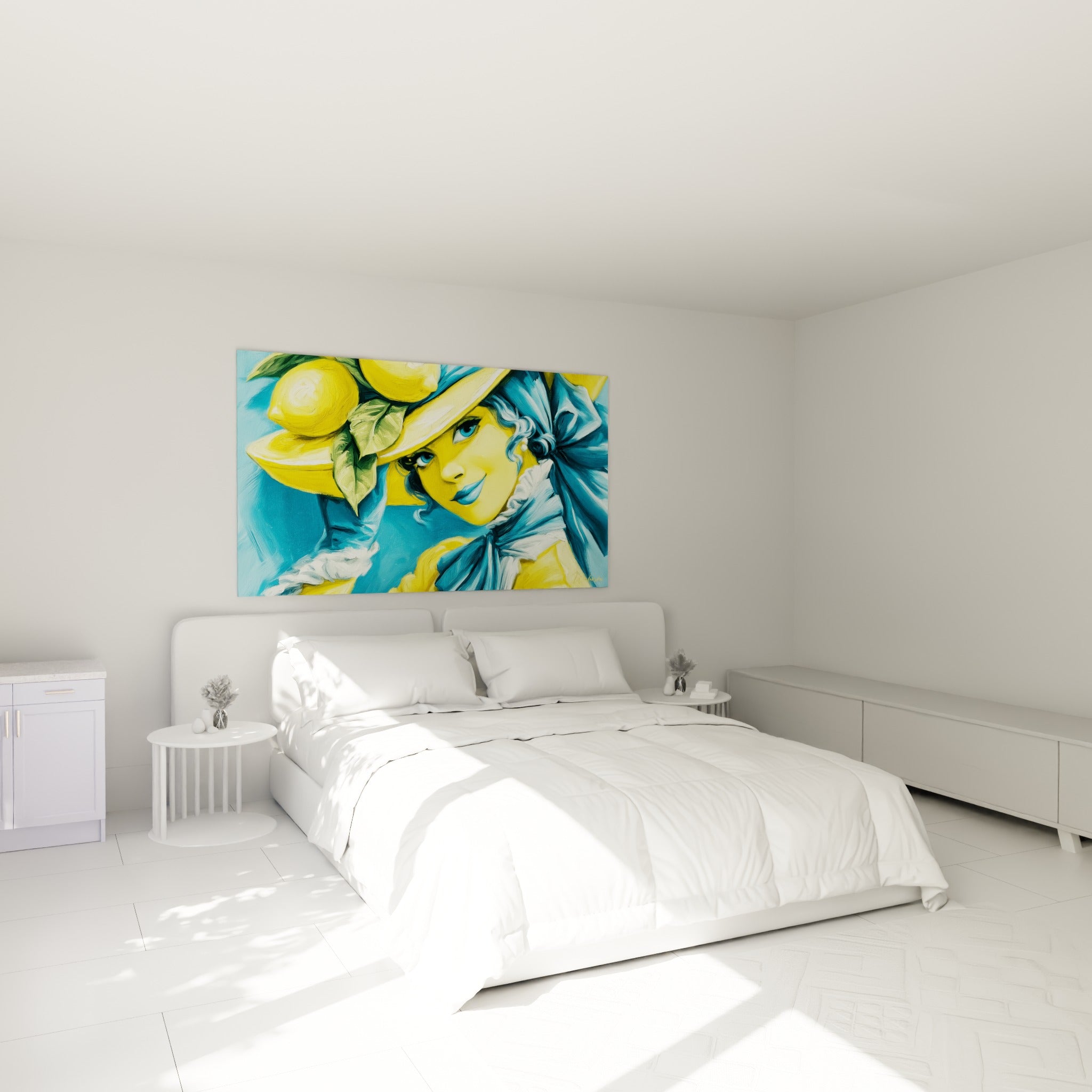 Portrait féminin jaune vif et bleu turquoise avec citrons, accroché au-dessus d'un lit dans une chambre claire