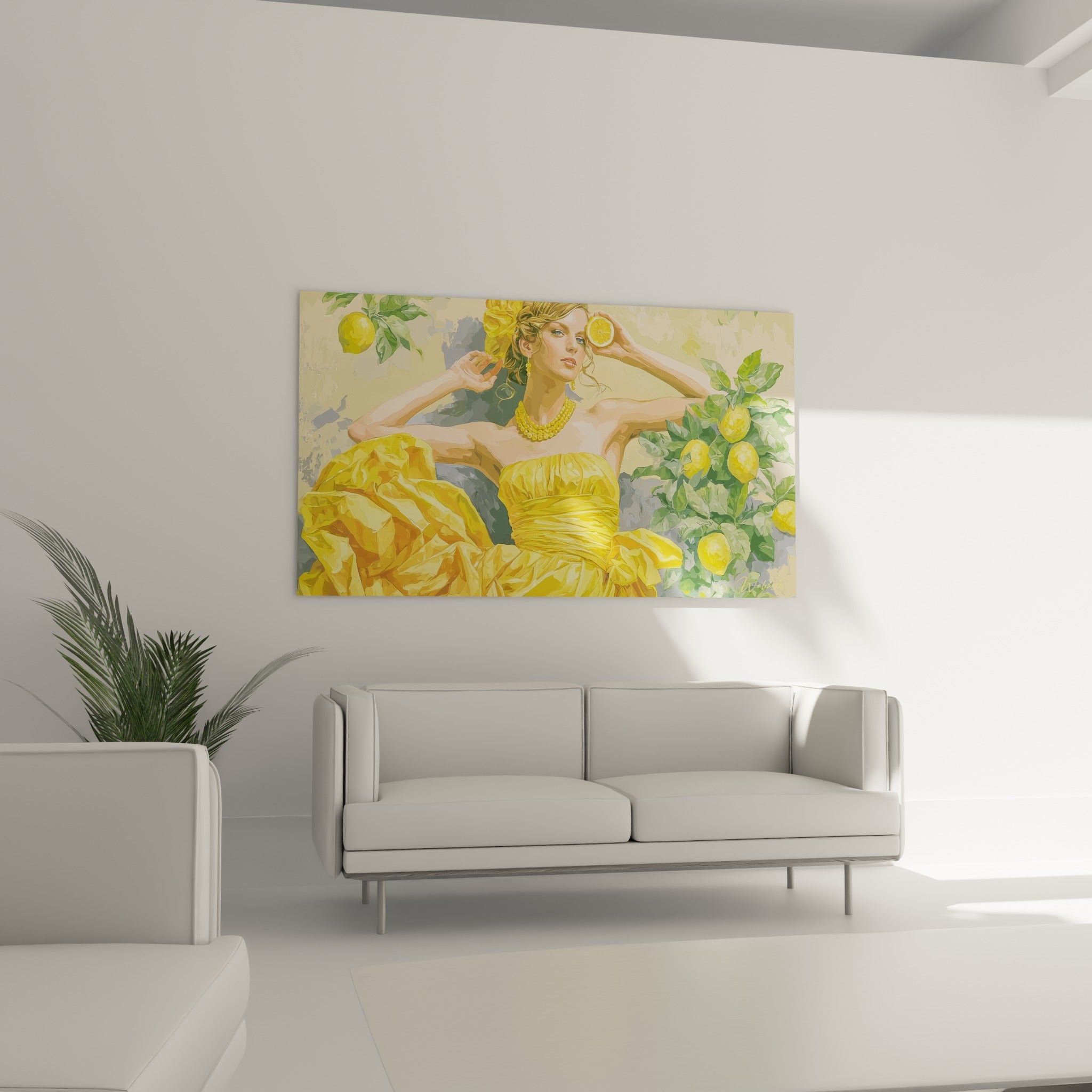 Portrait féminin en robe jaune vif et citronnier vert tendre, au-dessus d'un canapé dans un salon lumineux