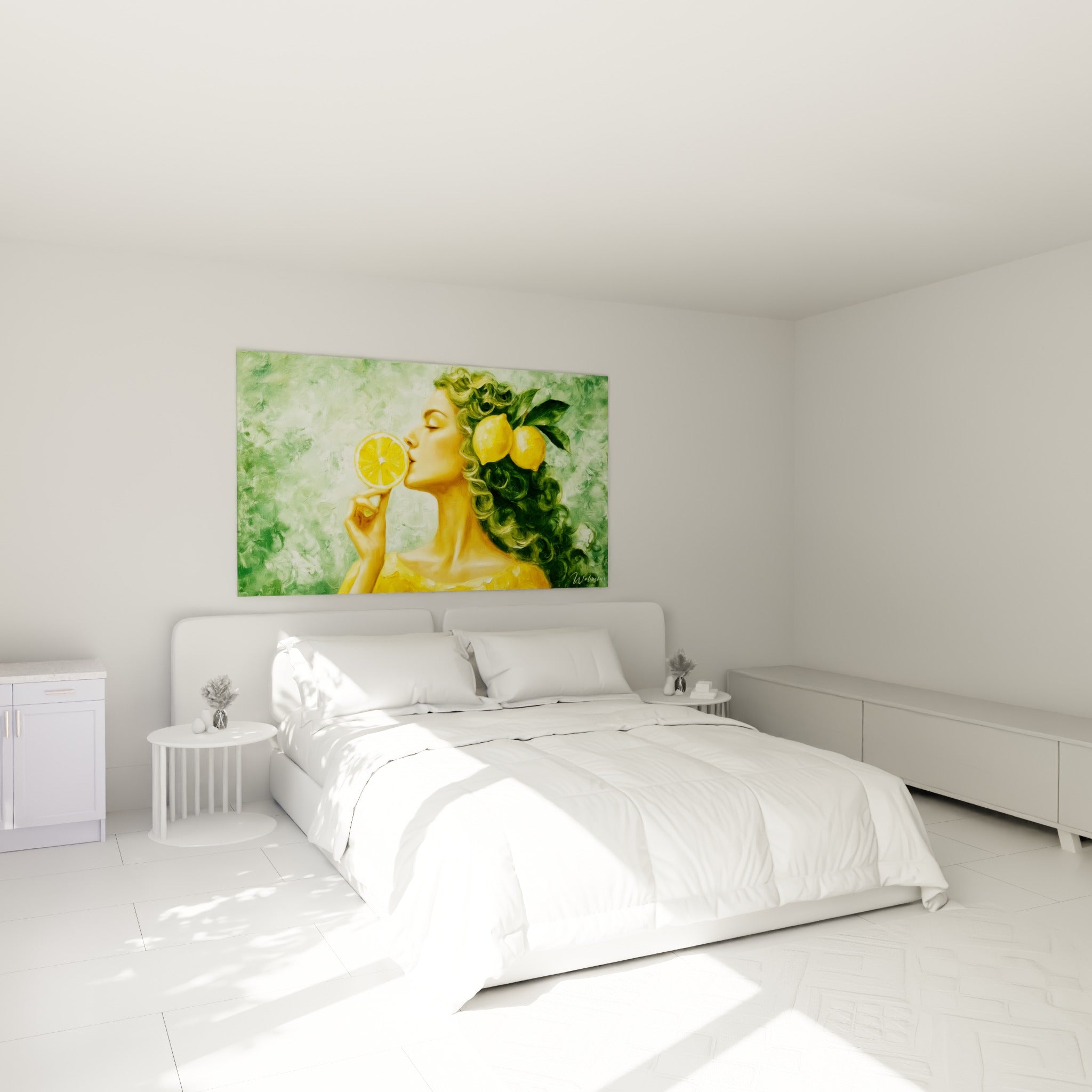 Portrait sensoriel Citron, chevelure verte et fruit doré, au-dessus d'un lit dans une chambre claire