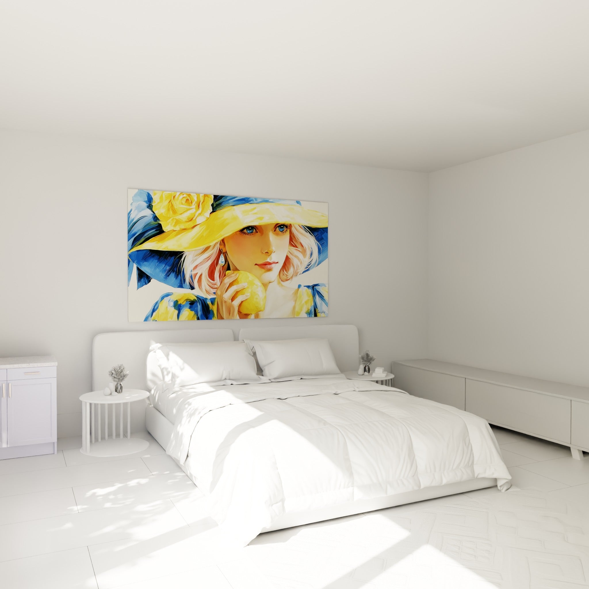Portrait féminin au chapeau jaune et bleu, tenant un citron, accroché au-dessus d'un lit dans une chambre claire
