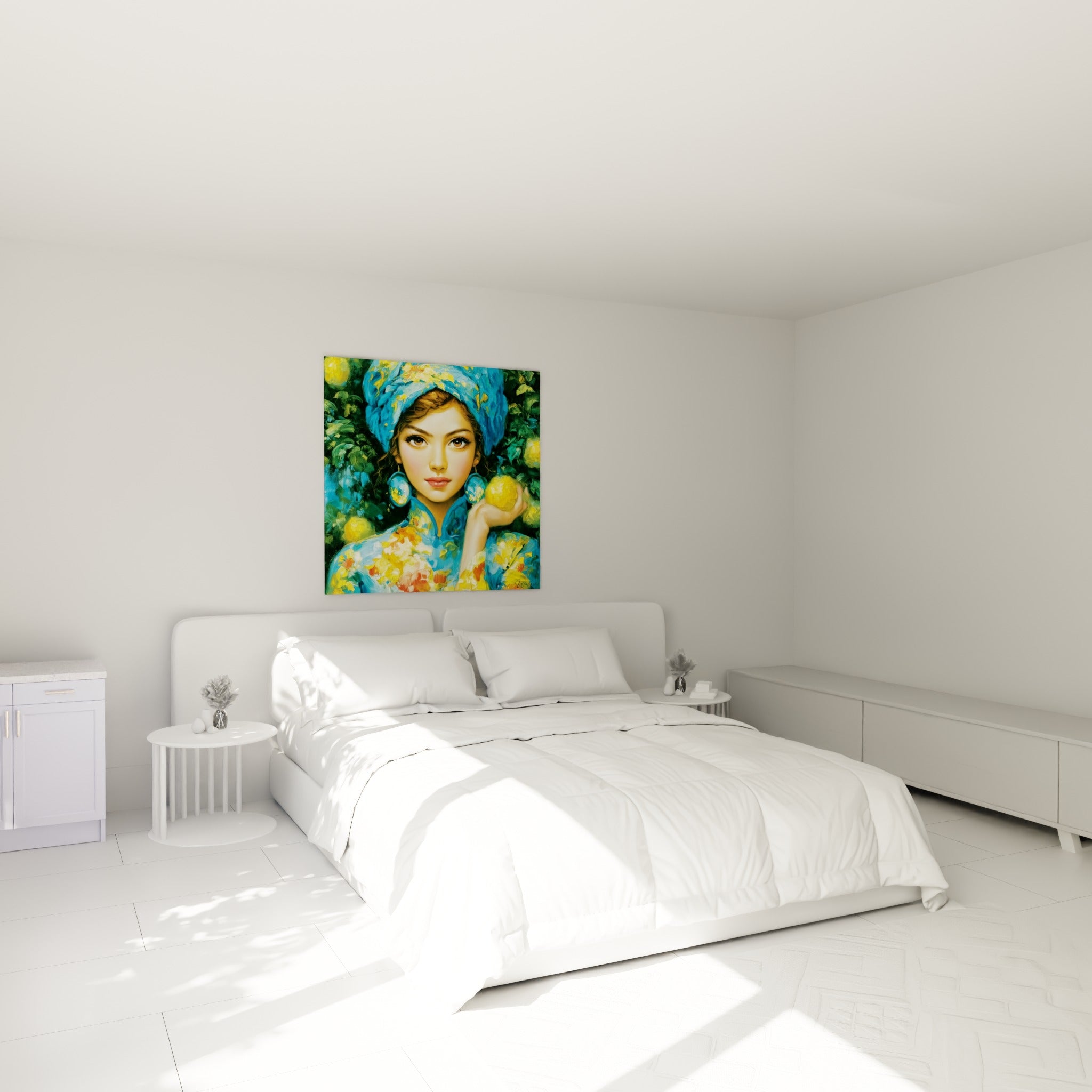Femme au turban bleu et citron doré, tunique florale, accrochée au-dessus d'un lit dans une chambre claire