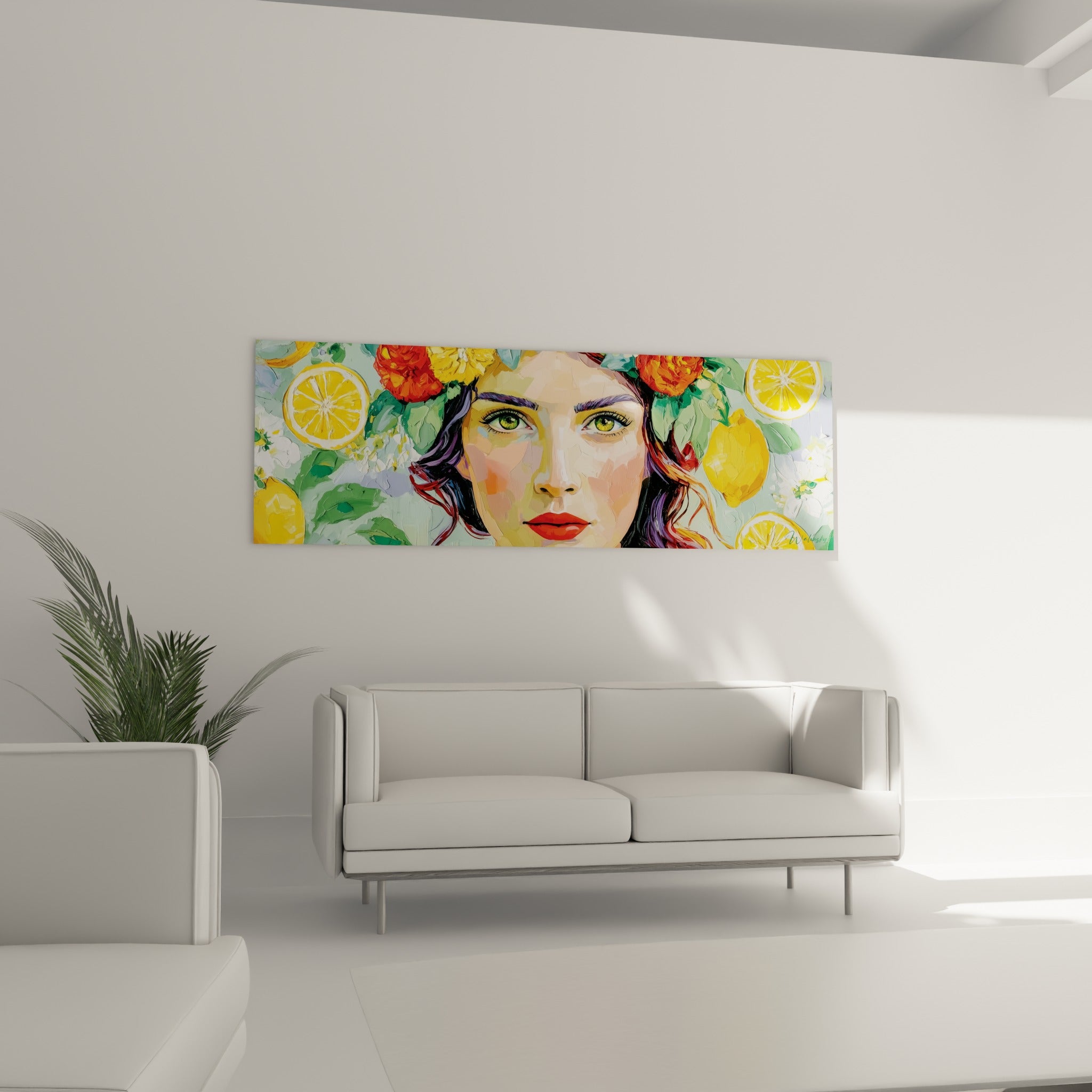 Portrait aux tons turquoise et jaune vif orné de fleurs orangées, au-dessus d'un canapé dans un salon lumineux