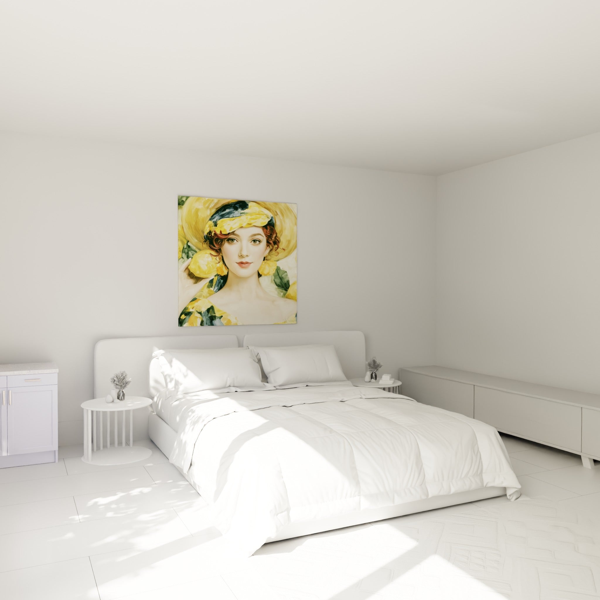 Femme au foulard jaune citron et boucles auburn, accrochée au-dessus d'un lit dans une chambre claire