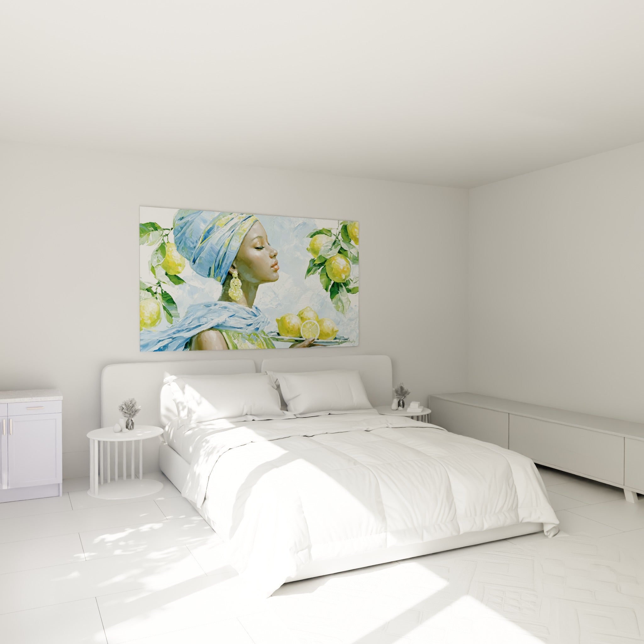 Silhouette au turban azur entourée de citrons verts et jaunes, accrochée au-dessus d'un lit dans une chambre claire