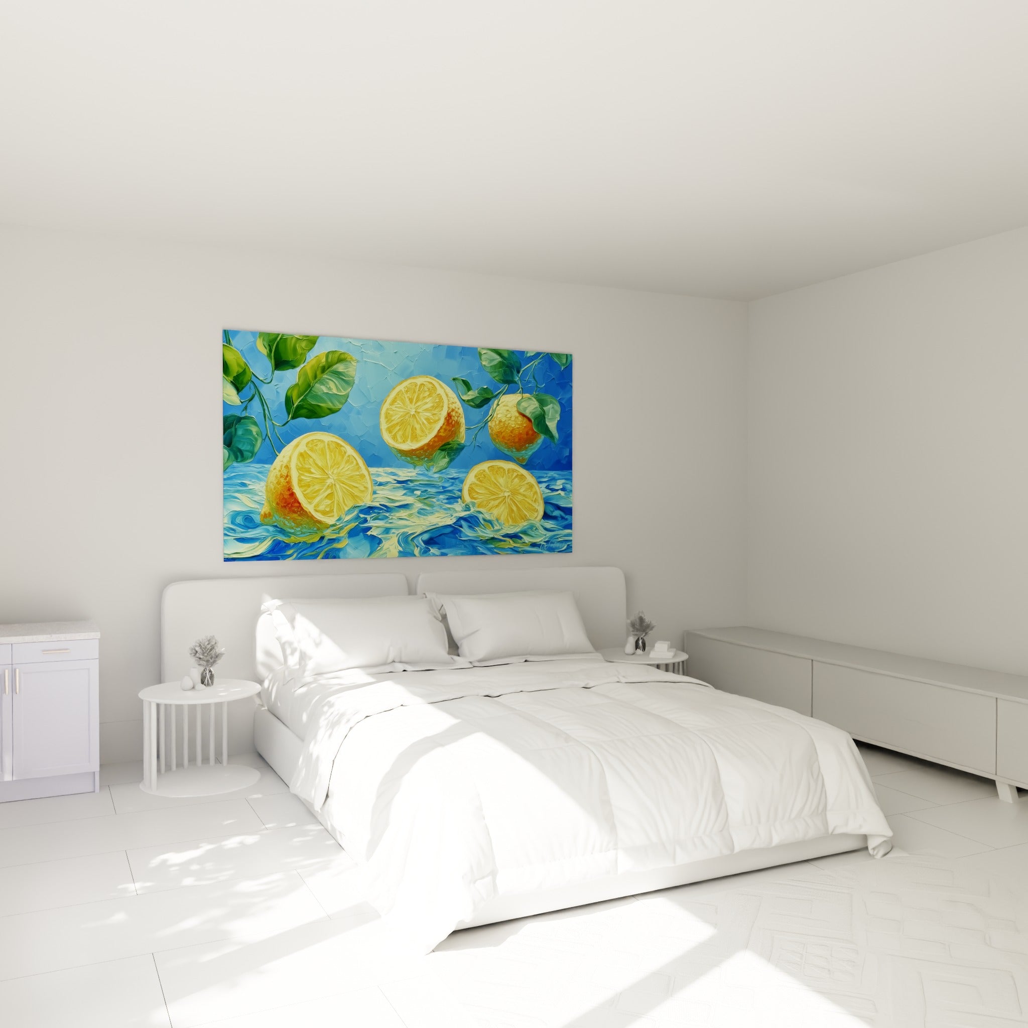 Citrons jaune vif et pulpe granuleuse sur fond bleu marine, au-dessus d'un lit dans une chambre claire