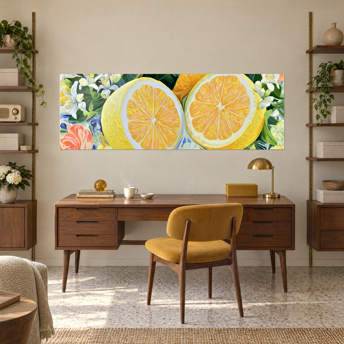 Wall art of cut yellow fruit, orange segments radiating from an ivory core, green leaves, above a wooden desk