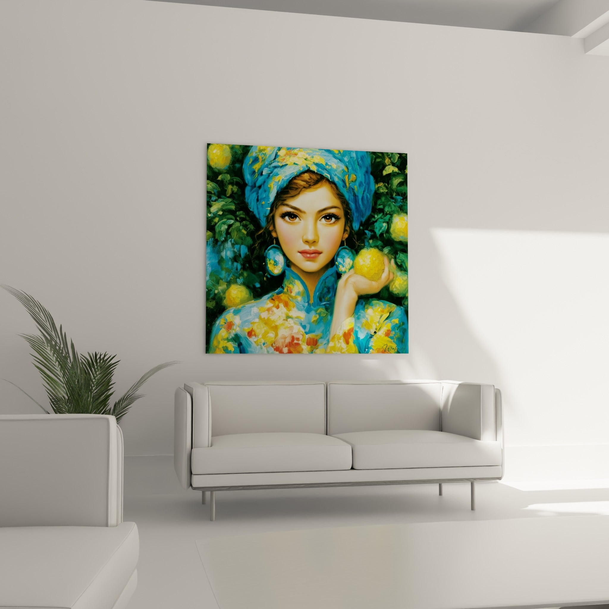 Jeune femme en tunique bleu turquoise tenant un citron, regard brun intense, au-dessus d'un canapé dans un salon lumineux
