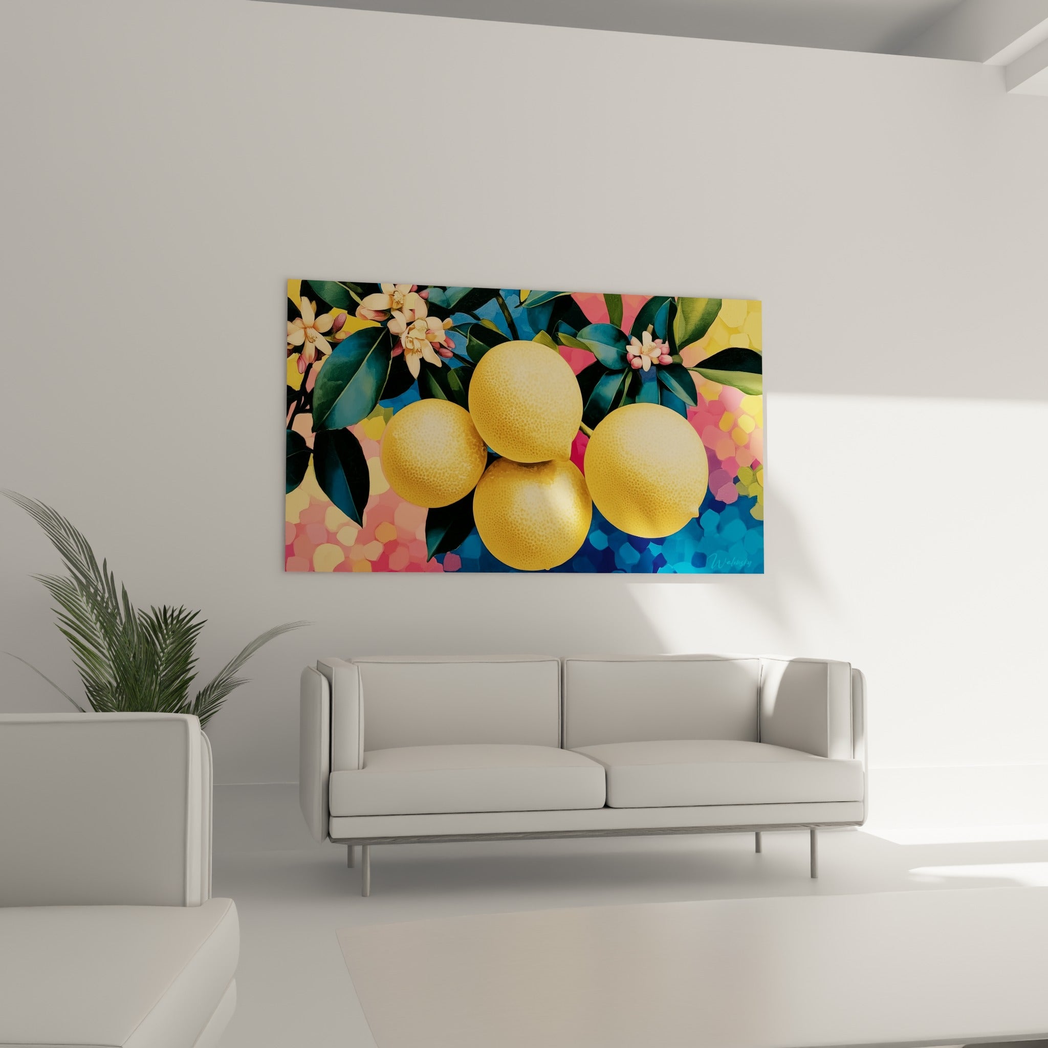 Citronnier fleuri aux teintes jaune et rose accroché au-dessus d'un canapé dans un salon lumineux