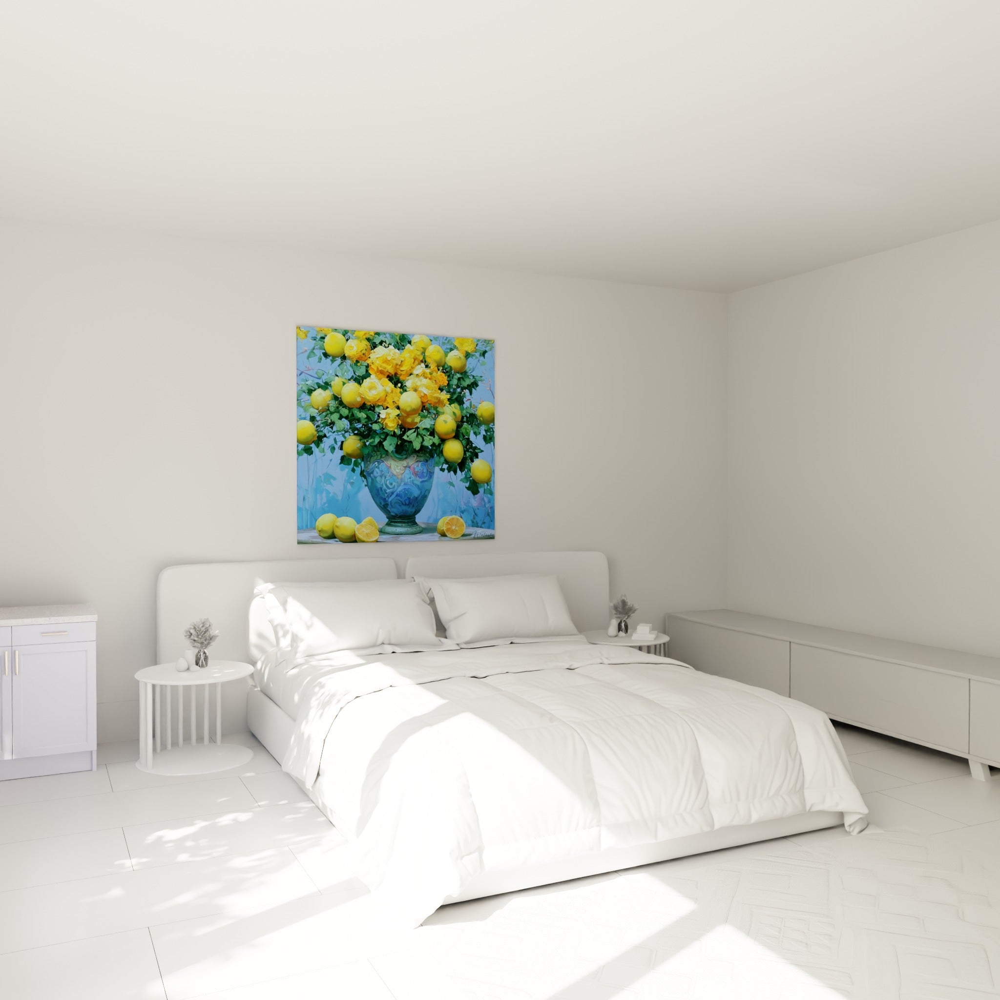 Citron jaune et roses orangées au-dessus d'un lit dans une chambre claire