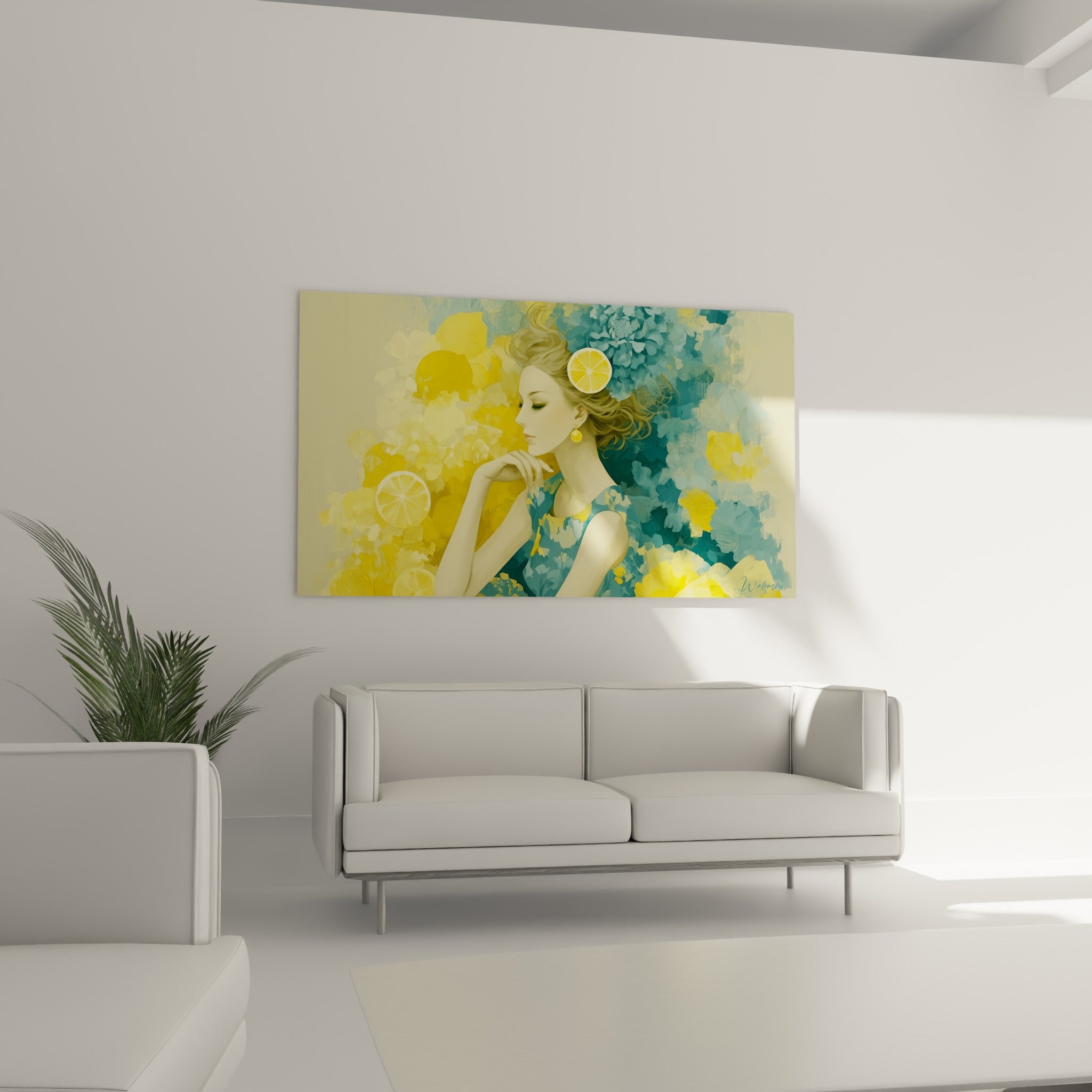 Silhouette pensive parée de fleurs bleues et de citron doré au-dessus d'un canapé dans un salon lumineux