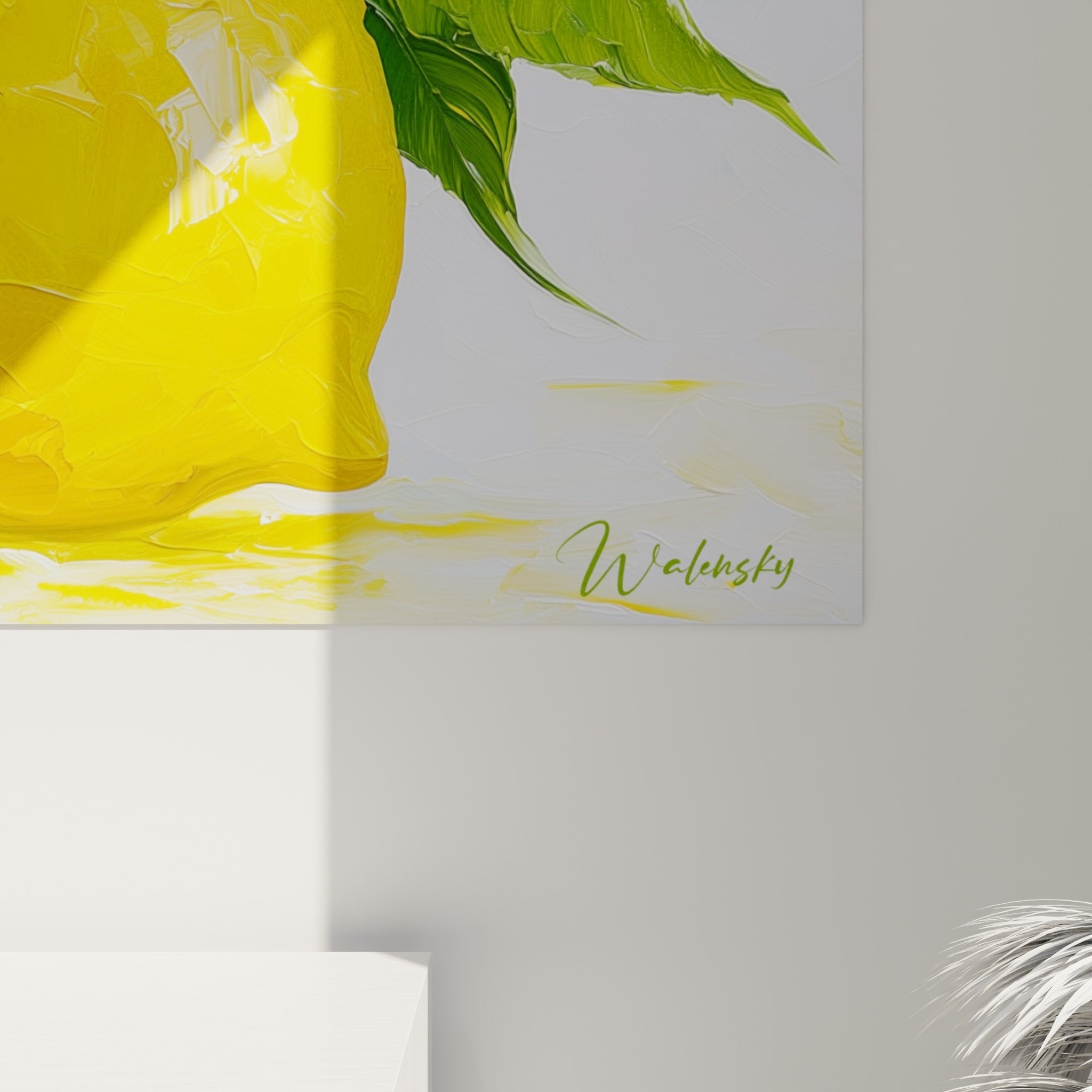 Empâtements jaunes et verts se croisant sur la toile, révélant le grain et le relief des citrons peints