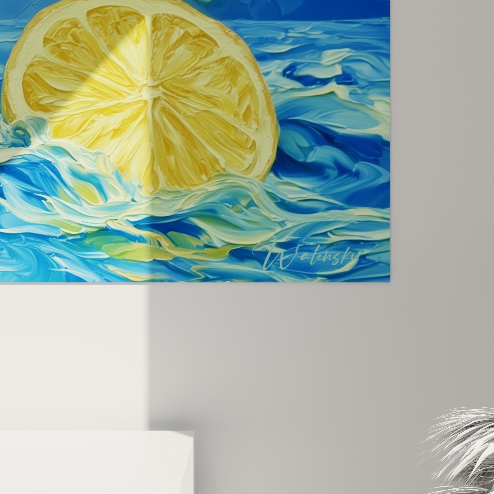 Empâtements jaunes et bleus visibles, grain de peinture épais capturant la pulpe granuleuse des citrons