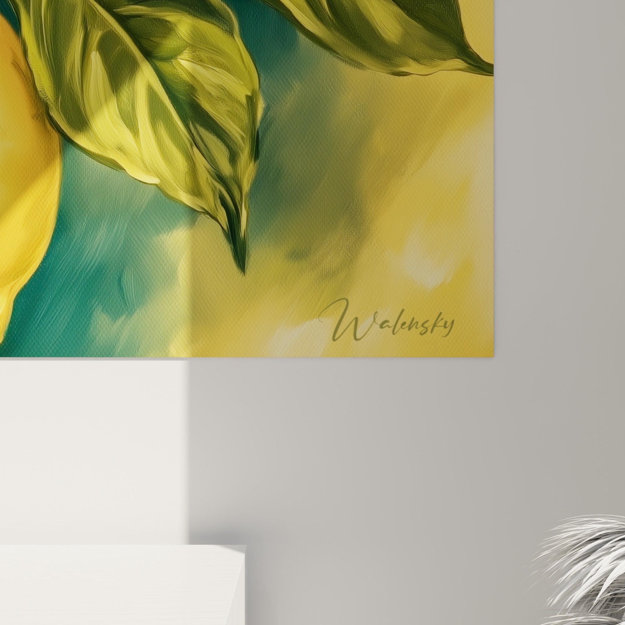 Matière picturale des citrons jaunes révélant reflets blancs et empâtements sur le feuillage vert olive