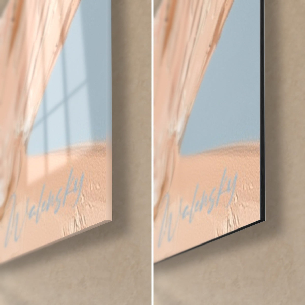 Tableau visage aux yeux verts, coin bas droit : verre acrylique brillant à gauche, alu Dibond mat à droite, tranche de 3 mm