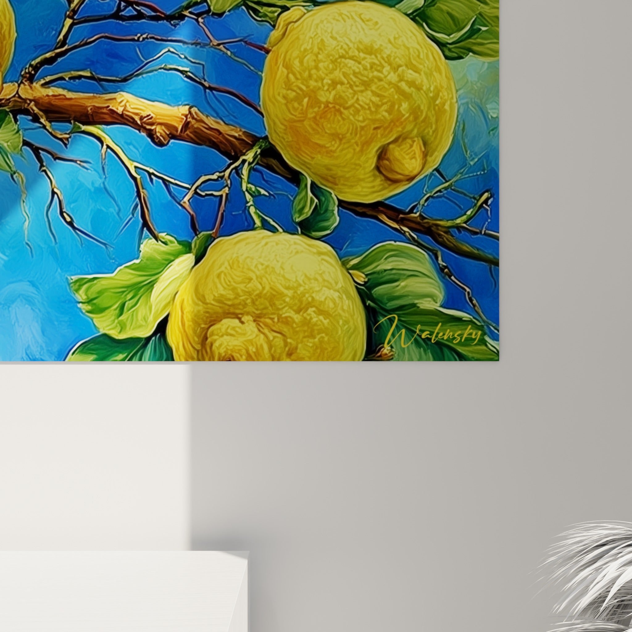 Texture peinte des citrons jaune moutarde et feuilles vert émeraude, empâtements visibles sur la toile