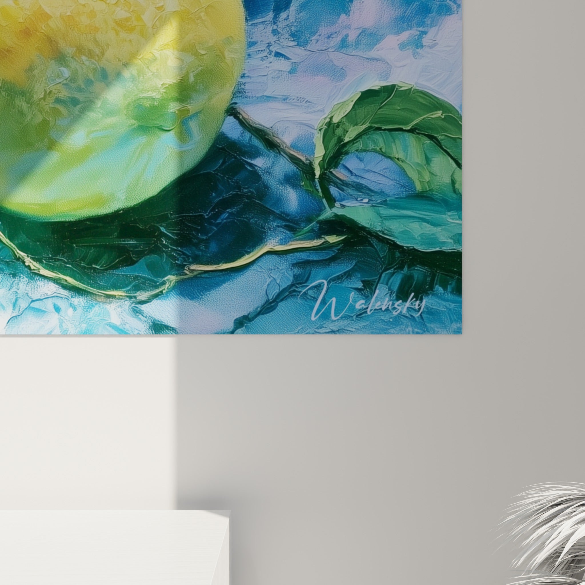 Empâtements épais de jaune et de bleu se mêlant sur la peau grumeleuse des citrons, coulures visibles